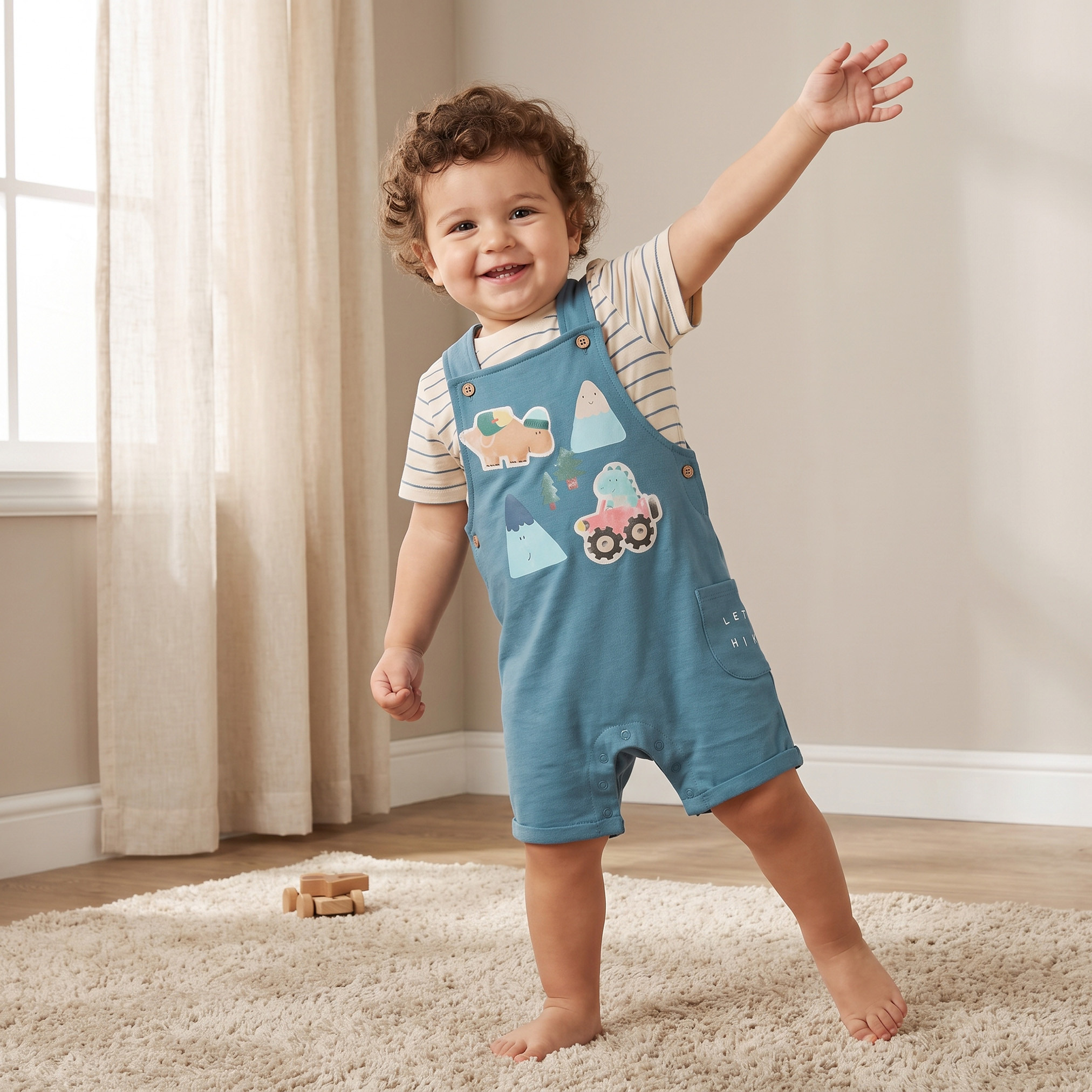 طقم تيشيرت بأكمام قصيرة بياقة مستديرة ودنغري بطبعات ديناصورات من جونيورز-baby-boys-clothing-setsandcoords-image-1