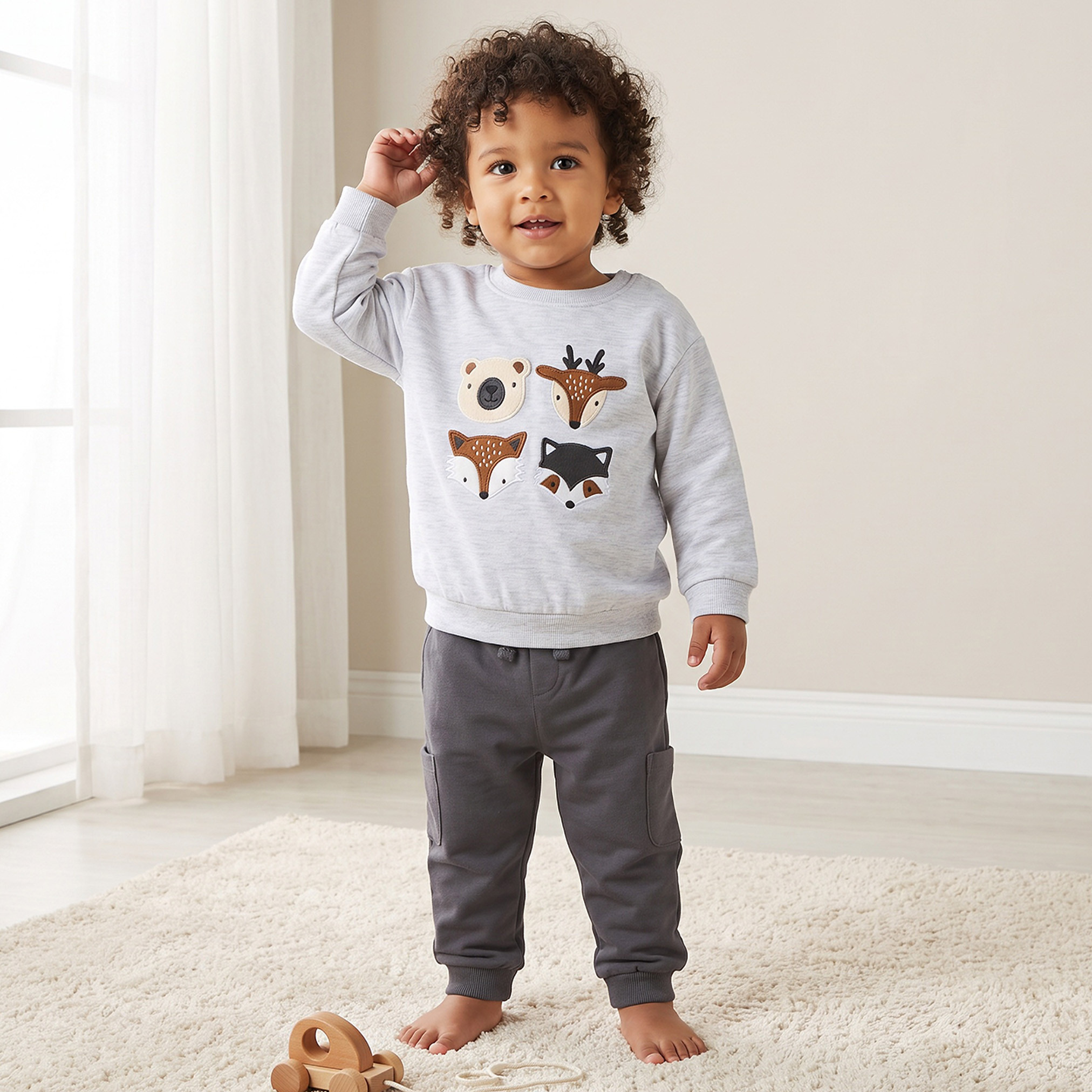 Juniors Crew Neck Long Sleeves Sweatshirt and Joggers Set with Woodland Applique-baby-boys-clothing-setsandcoords-image-1