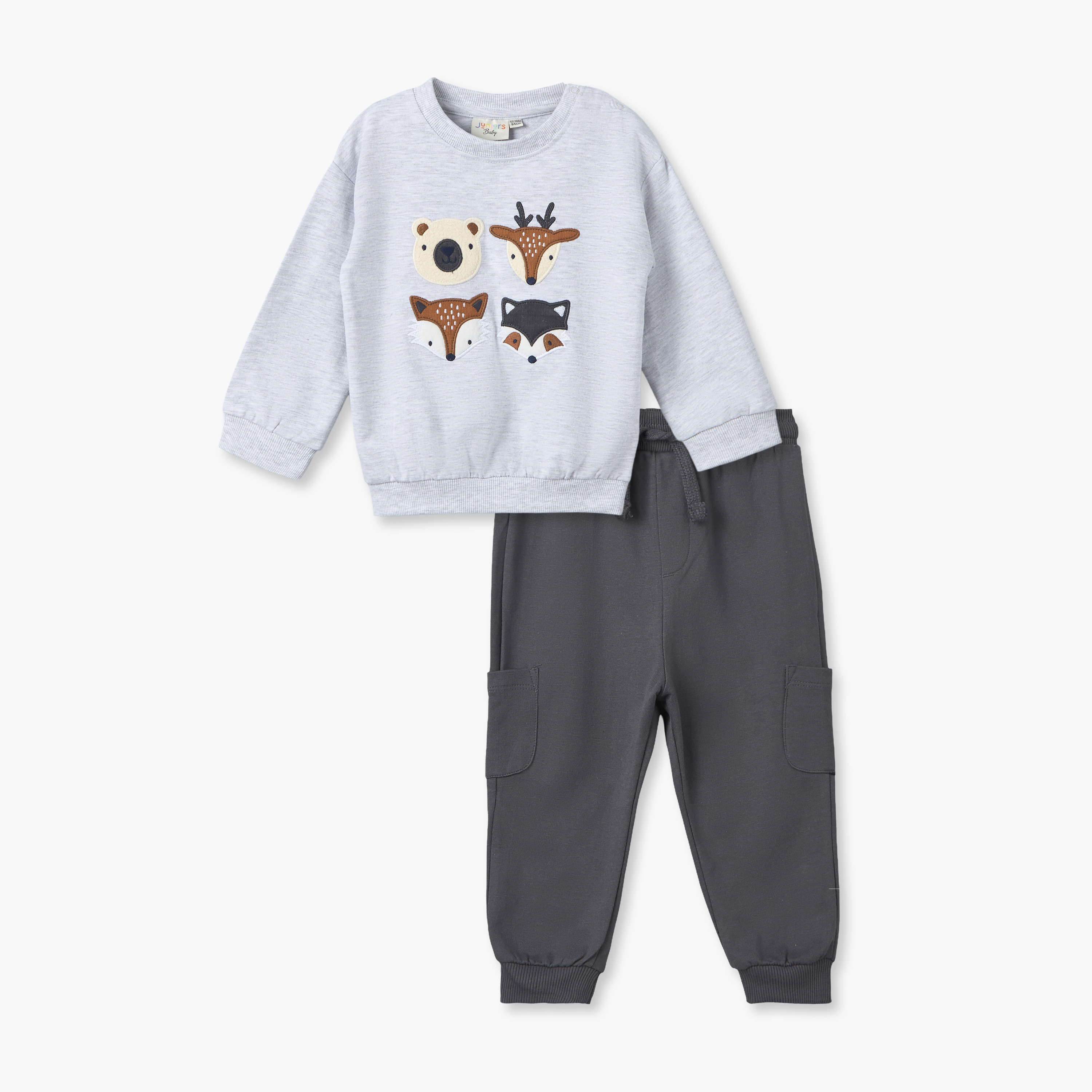 Juniors Crew Neck Long Sleeves Sweatshirt and Joggers Set with Woodland Applique-baby-boys-clothing-setsandcoords-image-2