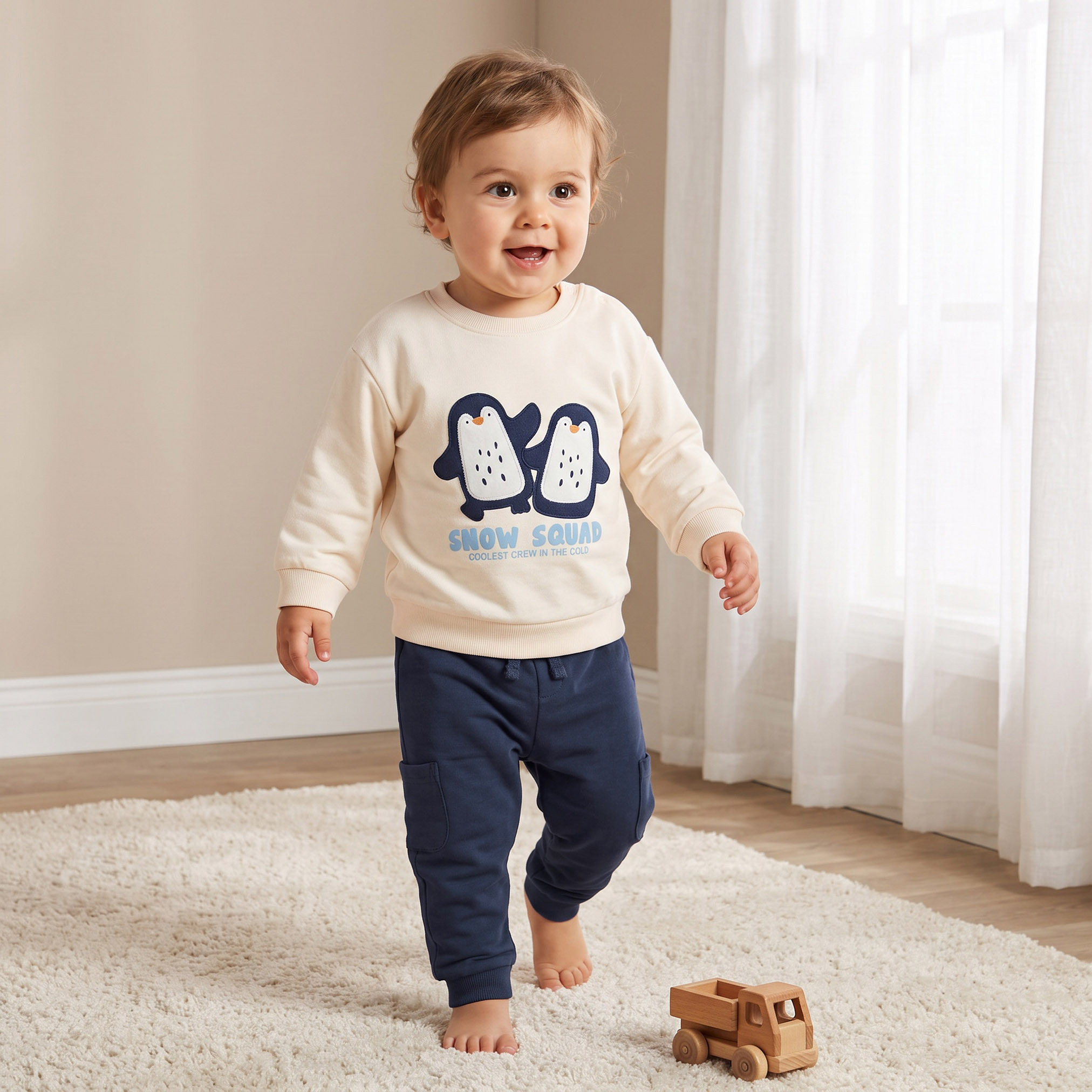 Juniors Crew Neck Long Sleeves Sweatshirt and Joggers Set with Penguin Applique-baby-boys-clothing-setsandcoords-image-1