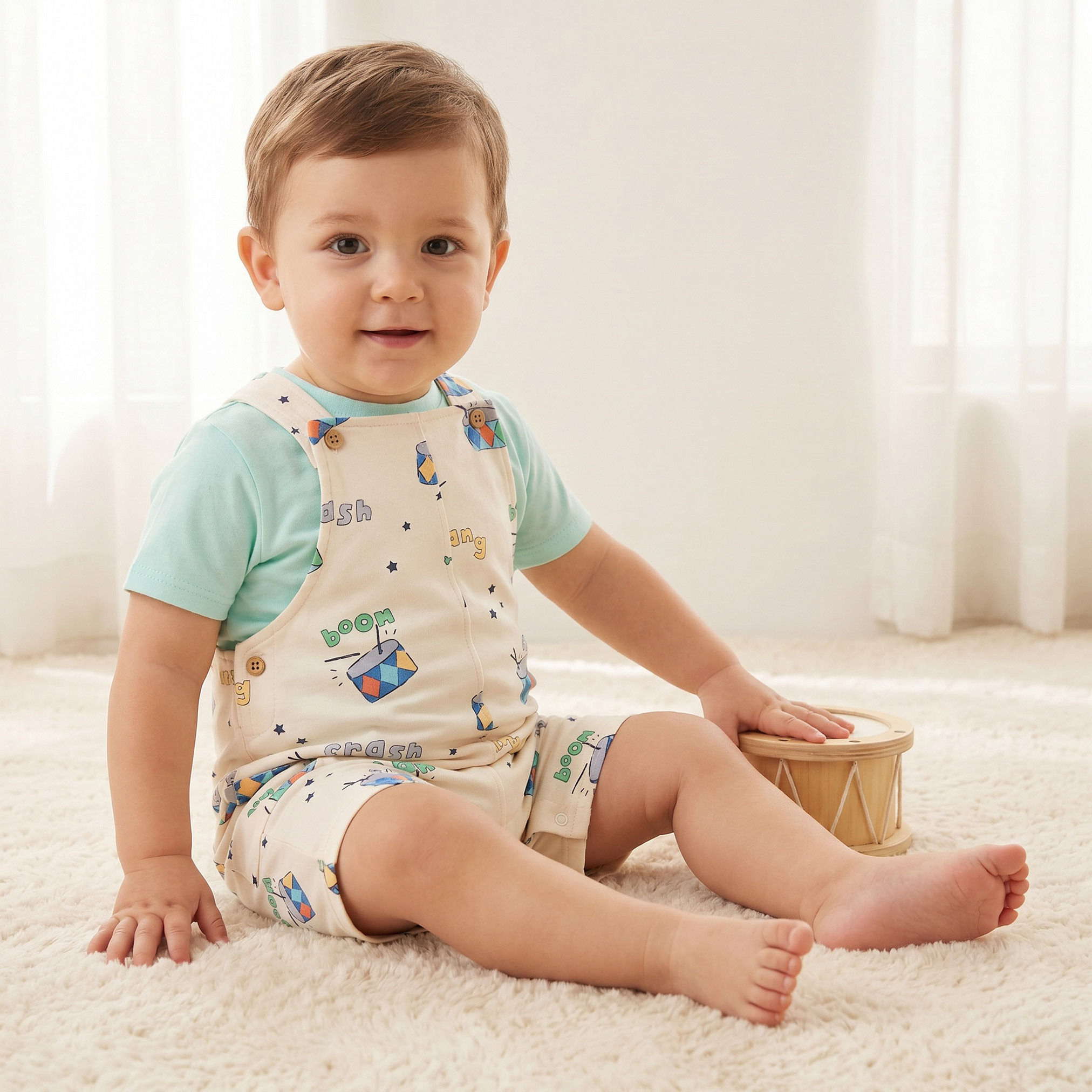 Juniors Round Neck Short Sleeves T-shirt and Dungaree Set with Drum Print-baby-boys-clothing-setsandcoords-image-1