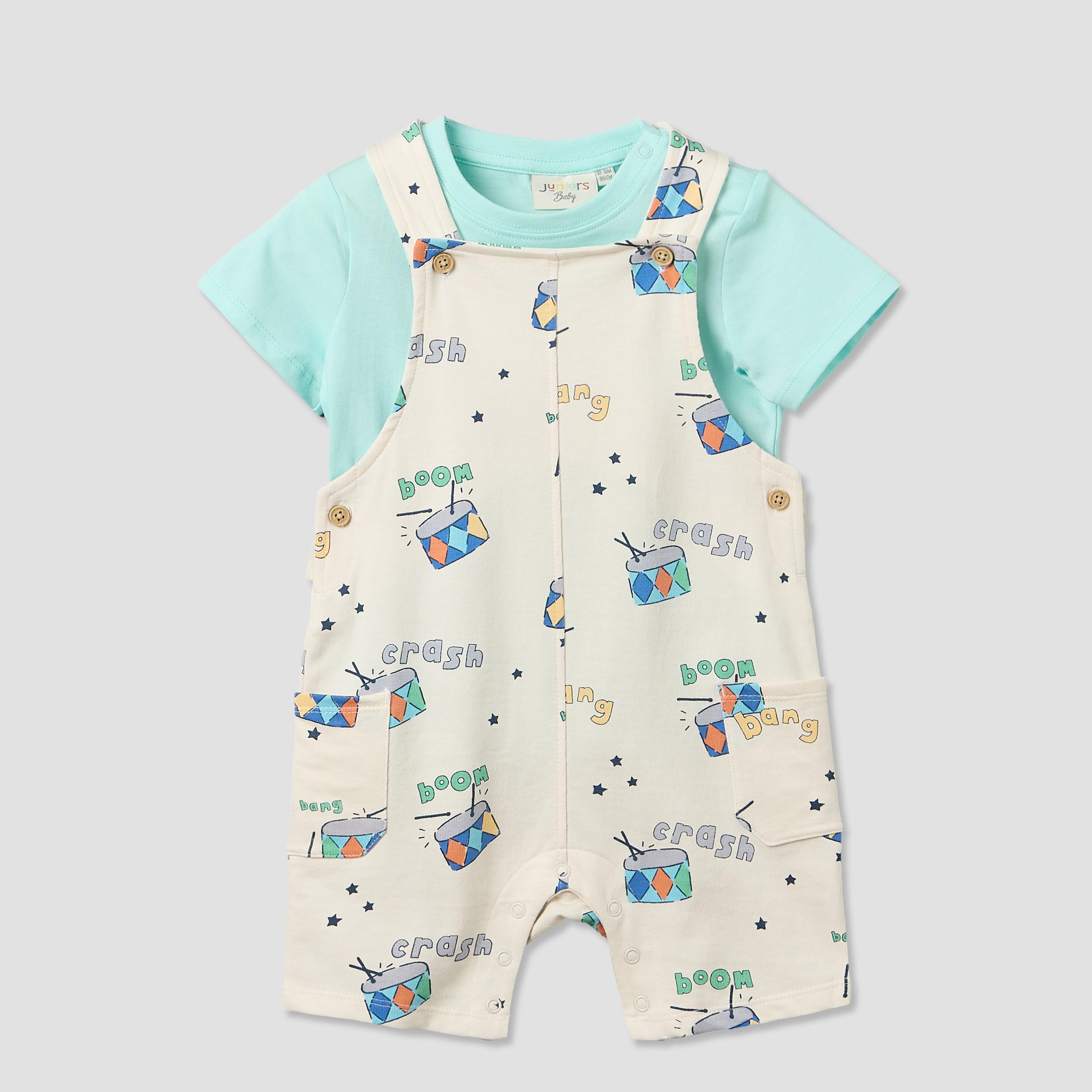 Juniors Round Neck Short Sleeves T-shirt and Dungaree Set with Drum Print-baby-boys-clothing-setsandcoords-image-2