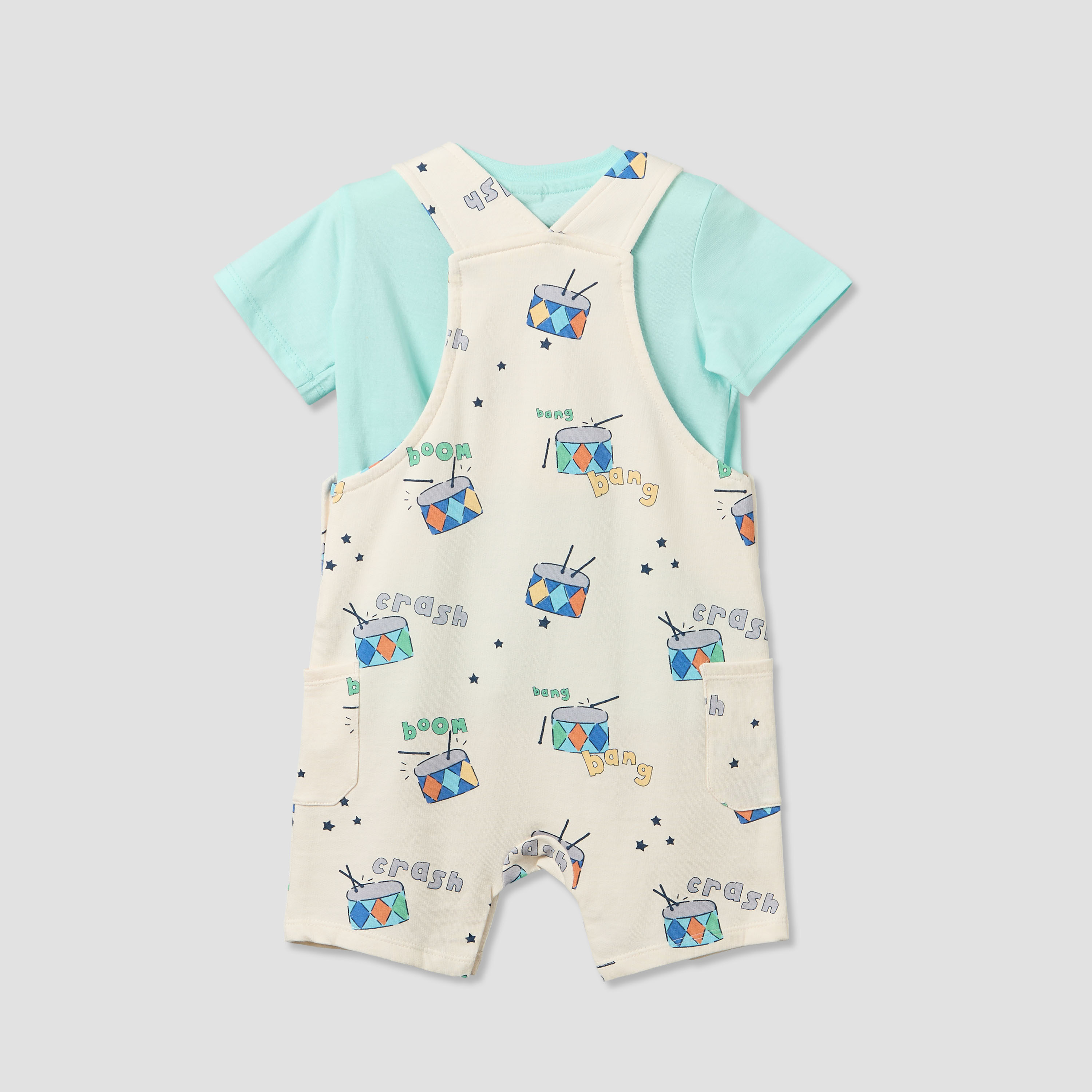 Juniors Round Neck Short Sleeves T-shirt and Dungaree Set with Drum Print-baby-boys-clothing-setsandcoords-image-3