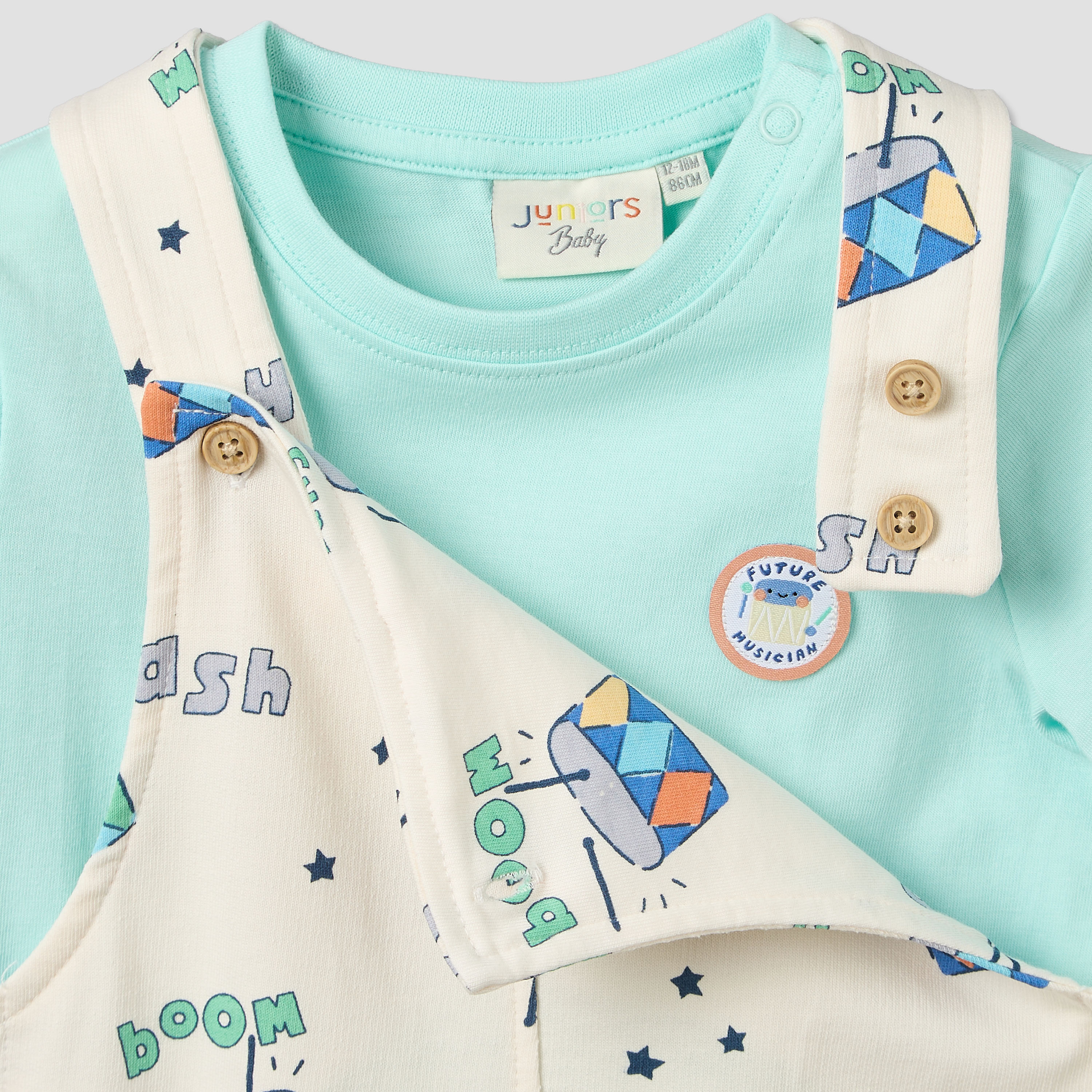 Juniors Round Neck Short Sleeves T-shirt and Dungaree Set with Drum Print-baby-boys-clothing-setsandcoords-image-6