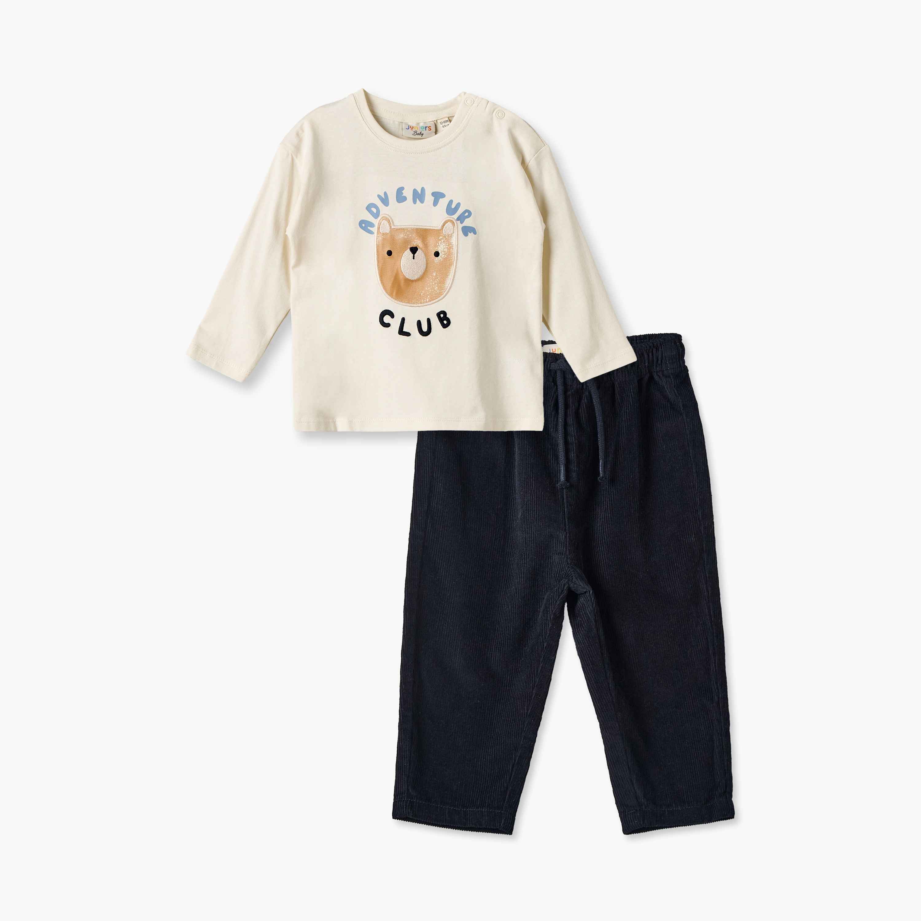 تيشيرت وبنطلون بياقة ضيقة وأكمام طويلة بطبعات دببة من جونيورز - طقم من 3 قطع-baby-boys-clothing-setsandcoords-image-1