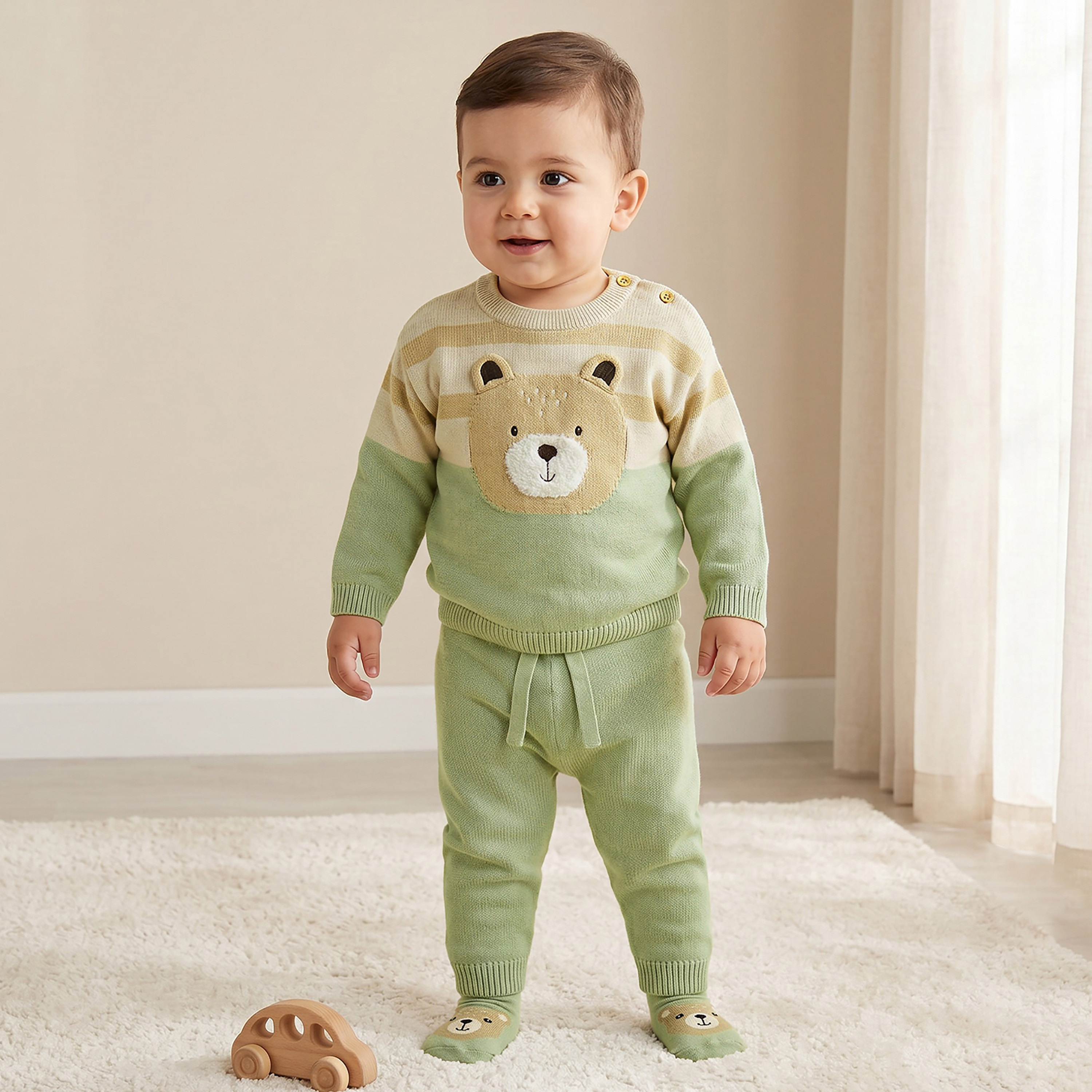 Juniors Crew Neck Long Sleeves Sweater and Pants Set with Bear Applique-baby-boys-clothing-winterwear-setsandcoords-image-1