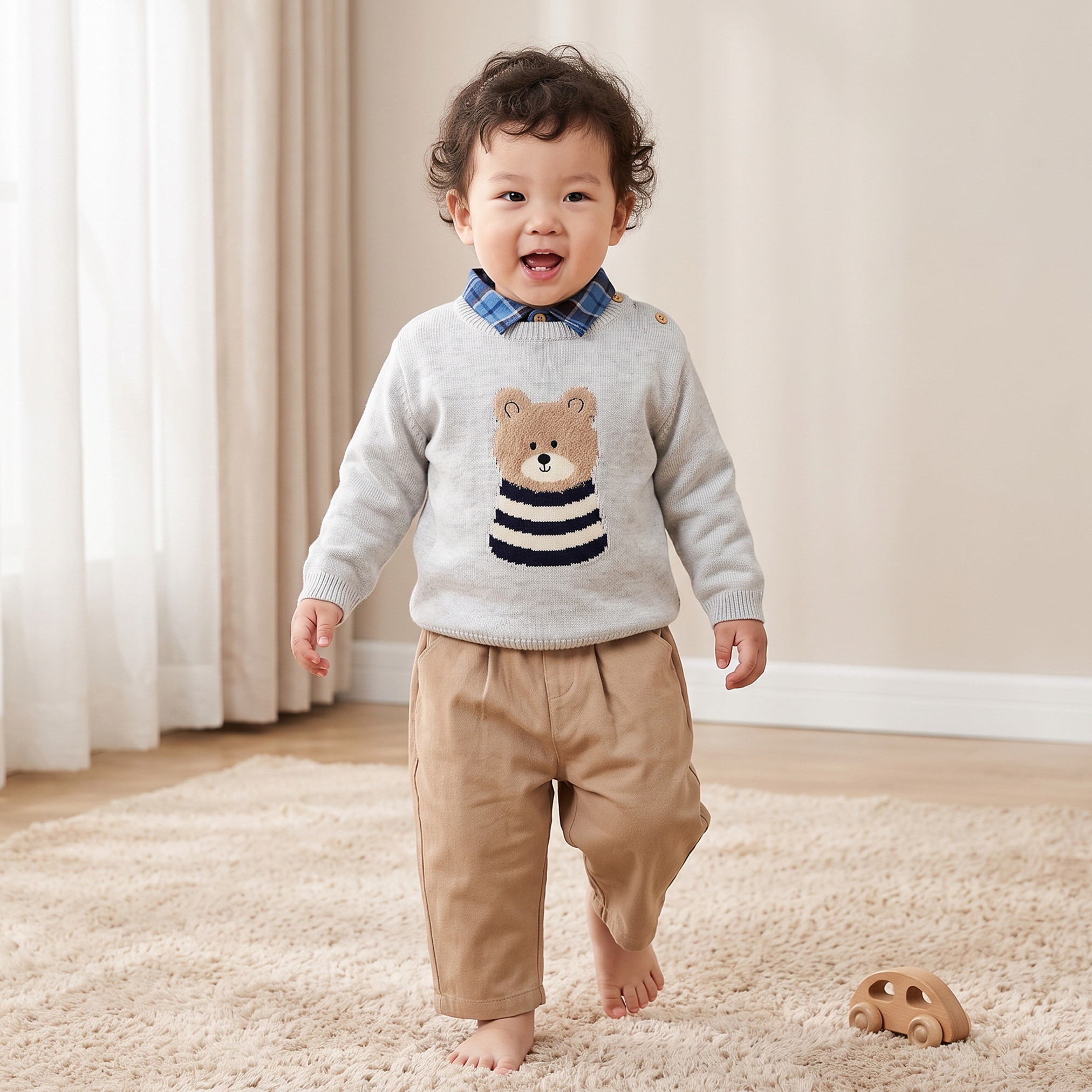 طقم سويت شيرت بياقة وأكمام طويلة وبنطلون مع تفاصيل دب من جونيورز-baby-boys-clothing-winterwear-setsandcoords-image-1