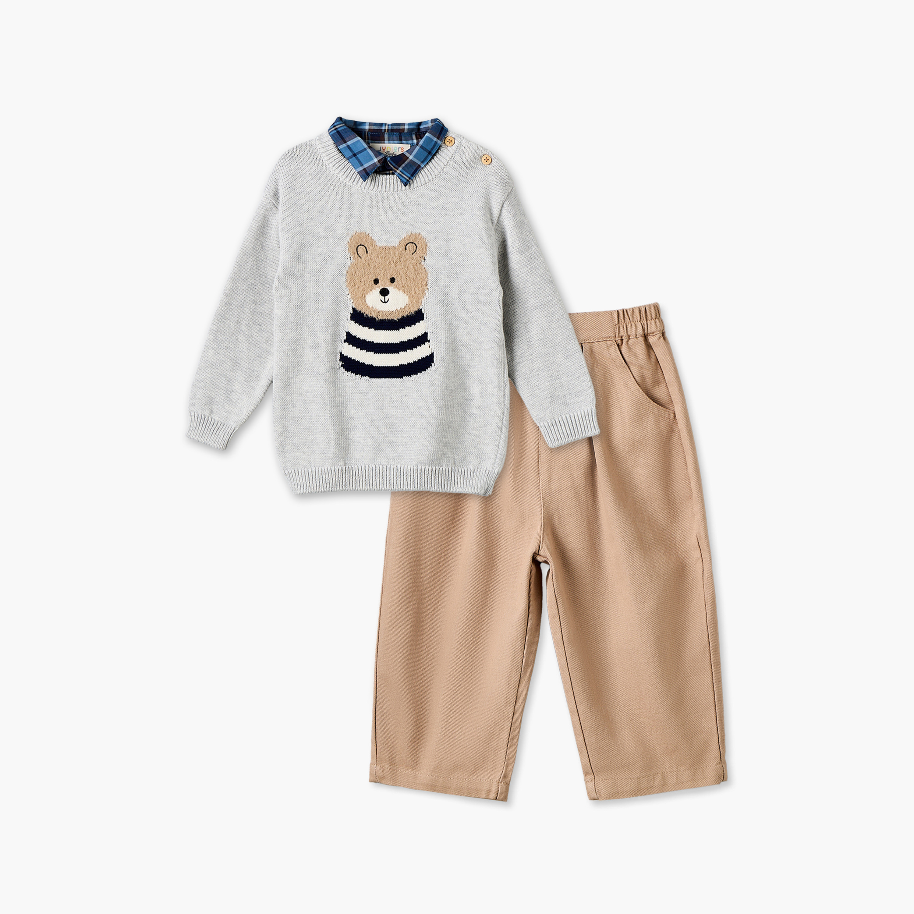 طقم سويت شيرت بياقة وأكمام طويلة وبنطلون مع تفاصيل دب من جونيورز-baby-boys-clothing-winterwear-setsandcoords-image-2