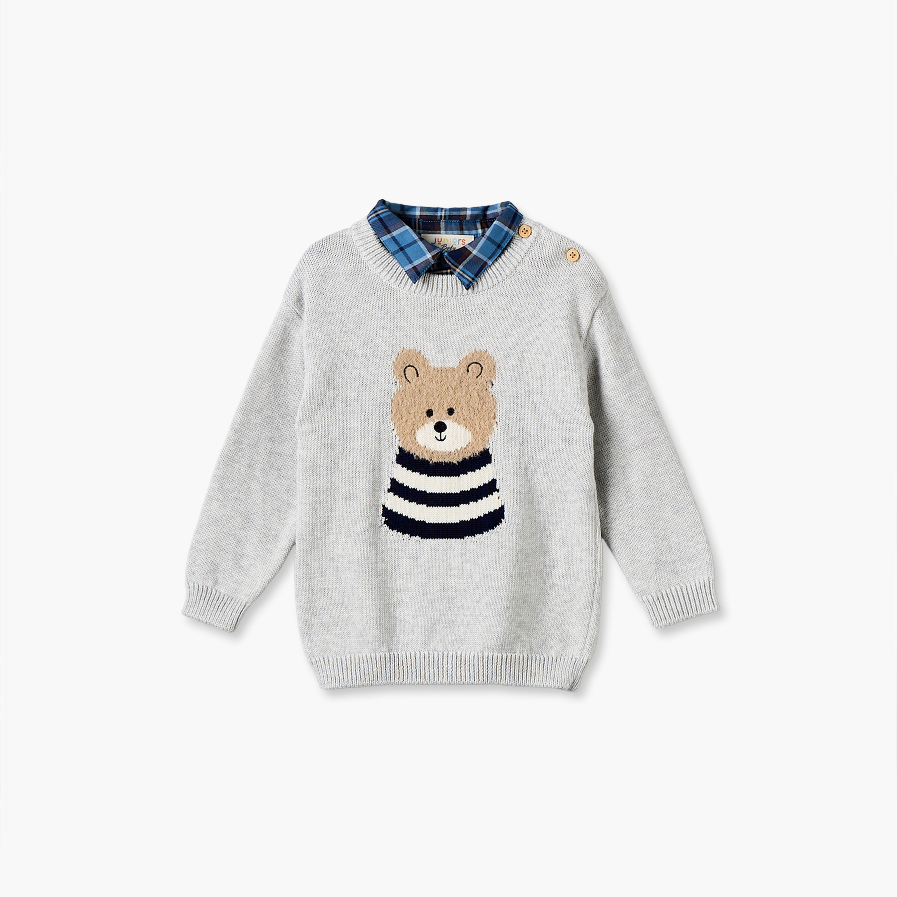 طقم سويت شيرت بياقة وأكمام طويلة وبنطلون مع تفاصيل دب من جونيورز-baby-boys-clothing-winterwear-setsandcoords-image-3