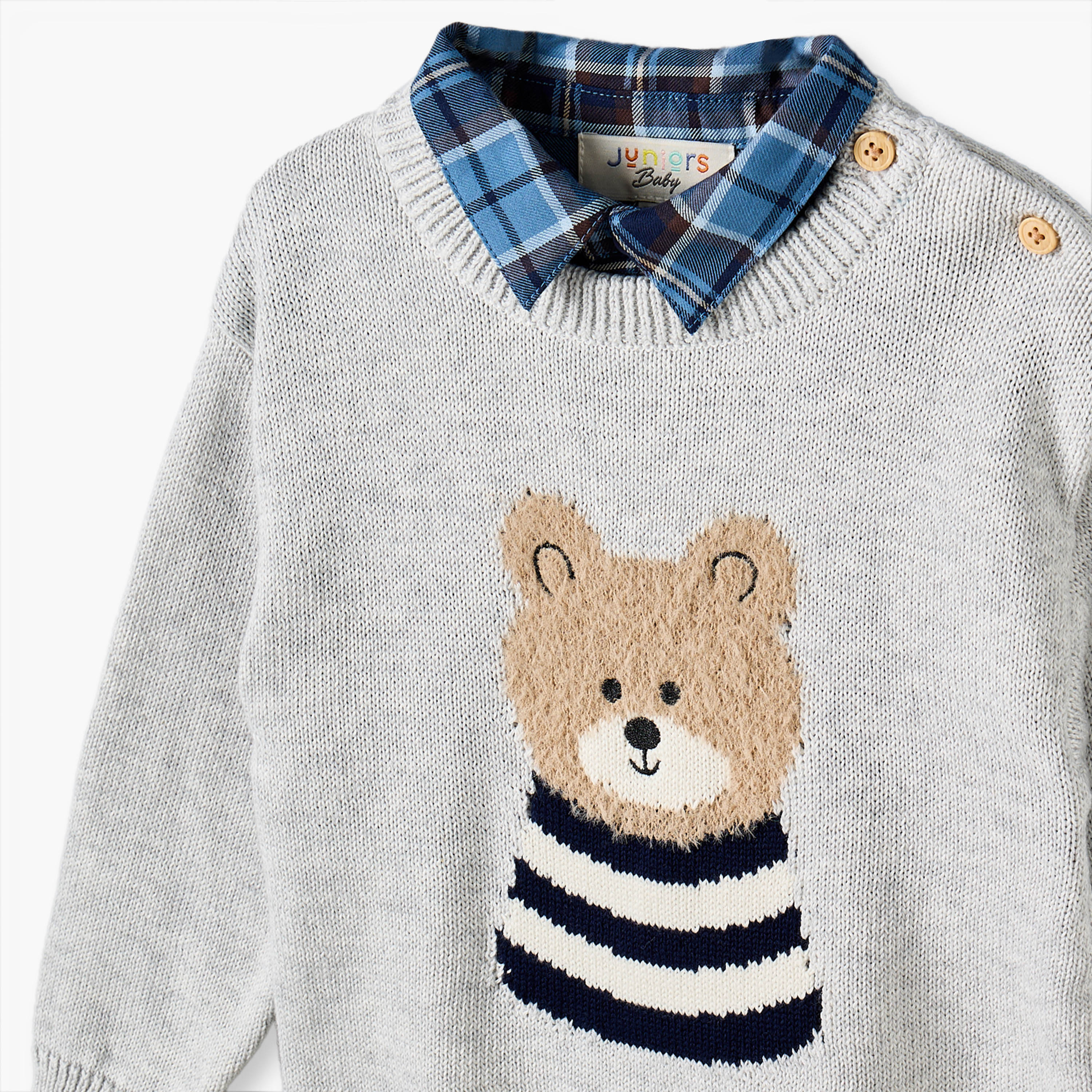 طقم سويت شيرت بياقة وأكمام طويلة وبنطلون مع تفاصيل دب من جونيورز-baby-boys-clothing-winterwear-setsandcoords-image-7