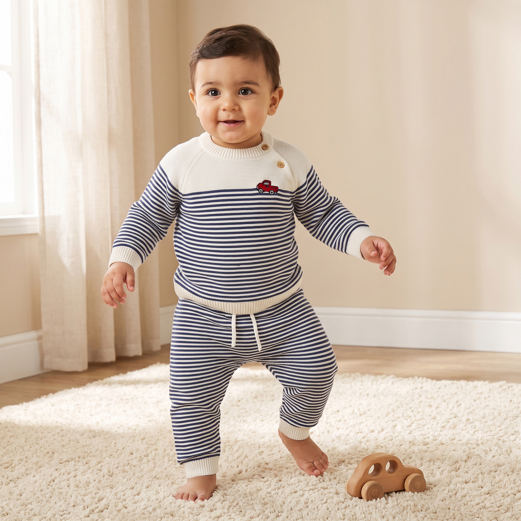 طقم كنزة بياقة ضيقة وأكمام طويلة وبنطلون رياضي مقلم من جونيورز-baby-boys-clothing-winterwear-setsandcoords-image-1