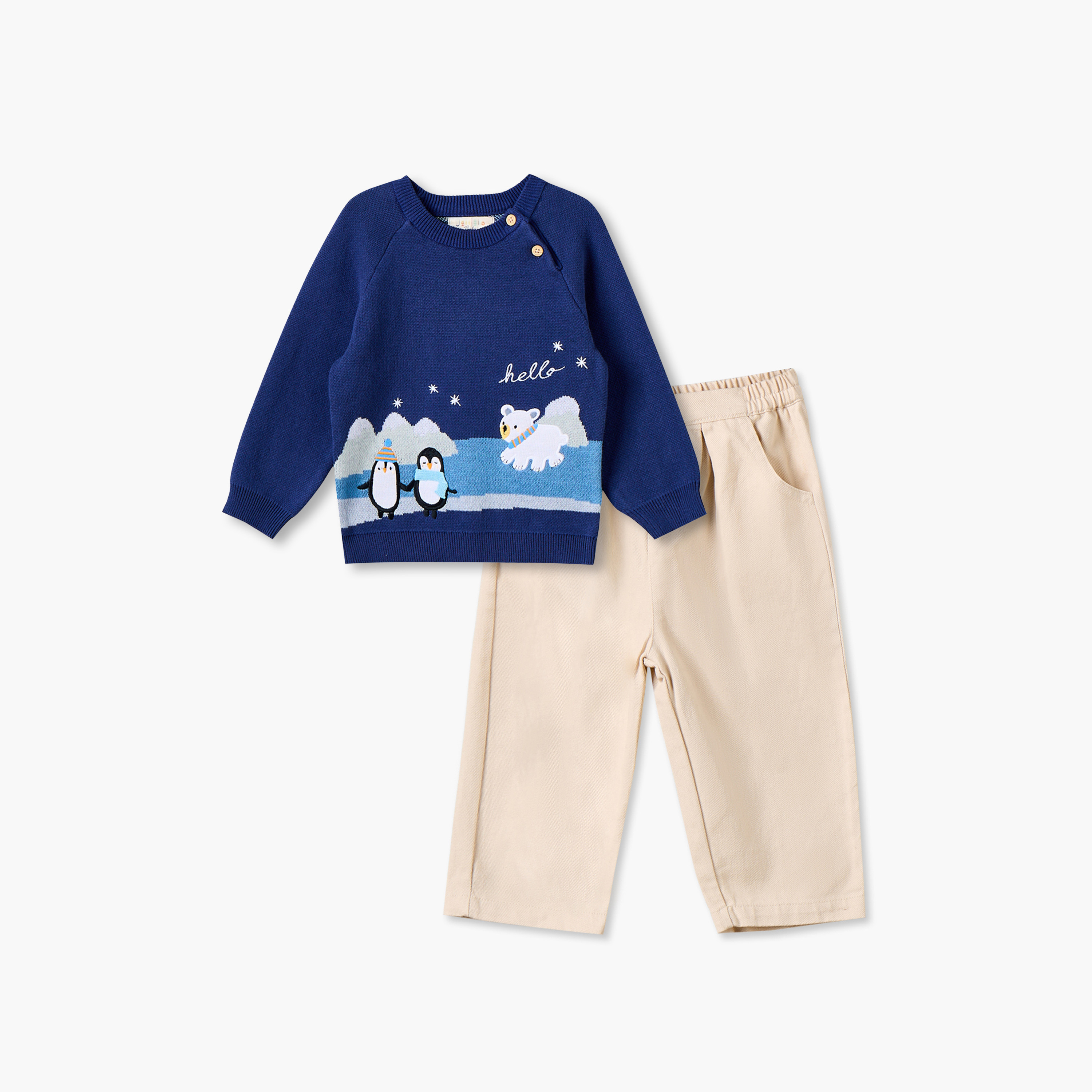 Juniors Crew Neck Long Sleeves Sweater and Pants Set with Penguin Applique-baby-boys-clothing-setsandcoords-image-2