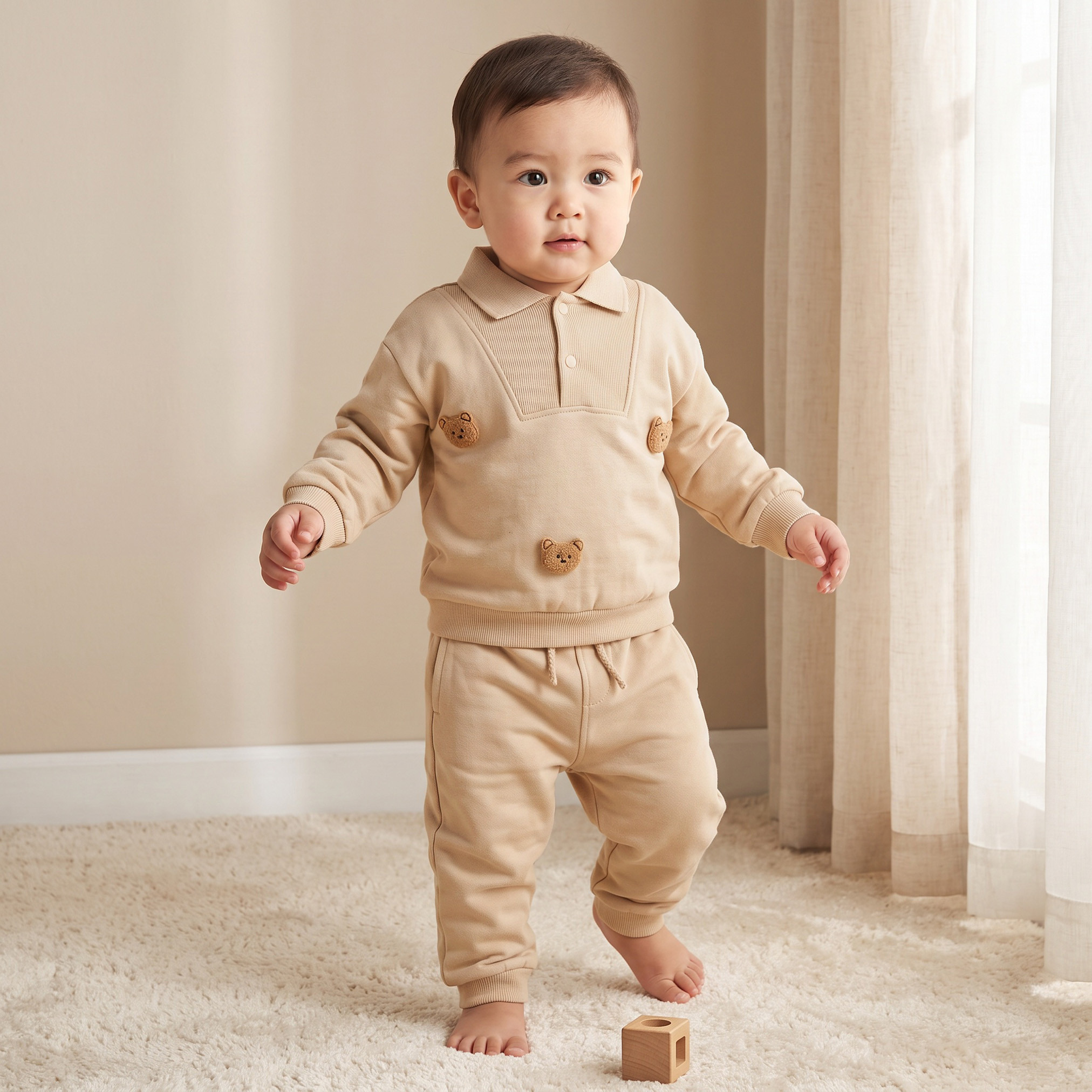 سويت شيرت بياقة عادية بولو وأكمام طويلة وبنطلون رياضي بتطريز دب من جونيورز-baby-boys-clothing-setsandcoords-image-1