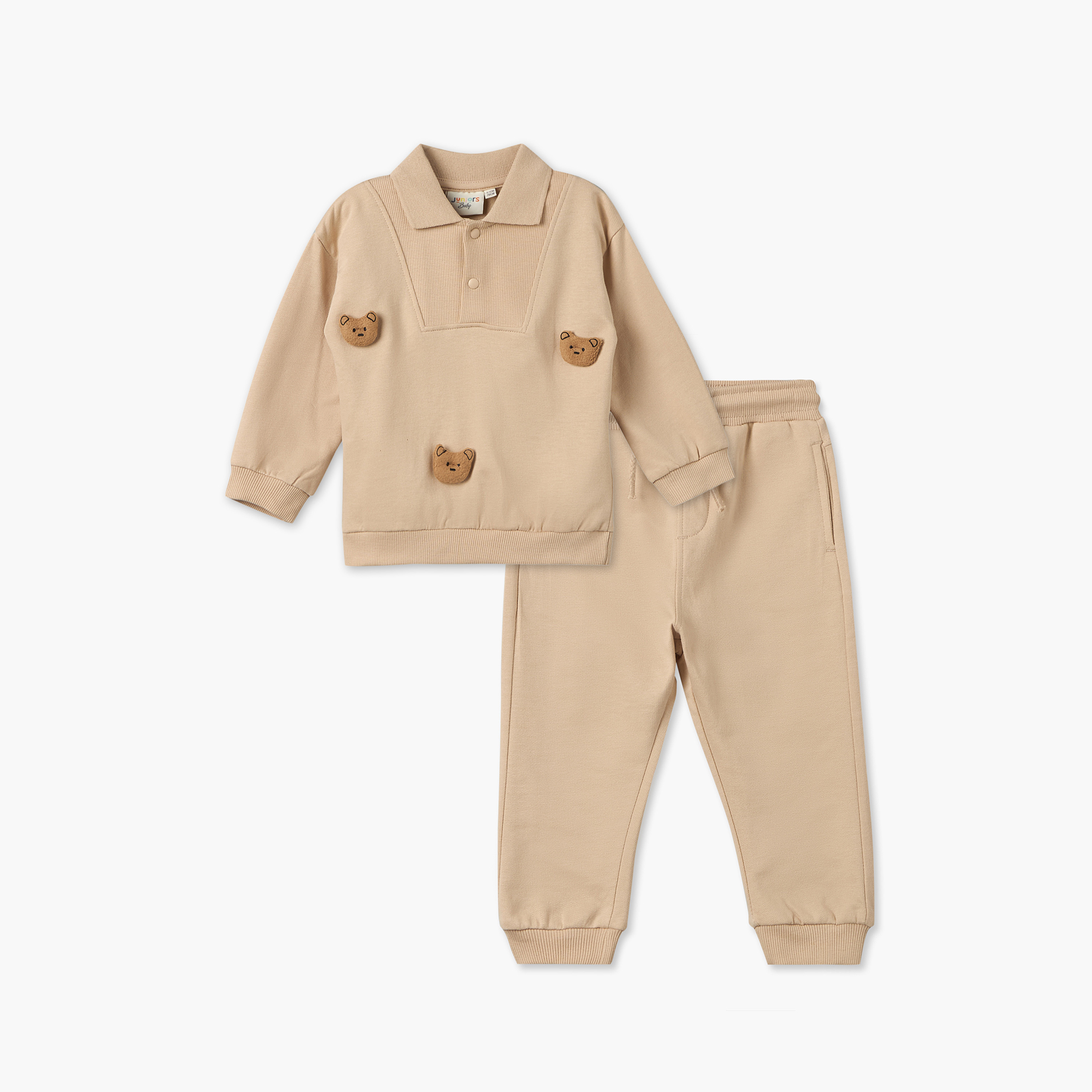 سويت شيرت بياقة عادية بولو وأكمام طويلة وبنطلون رياضي بتطريز دب من جونيورز-baby-boys-clothing-setsandcoords-image-2