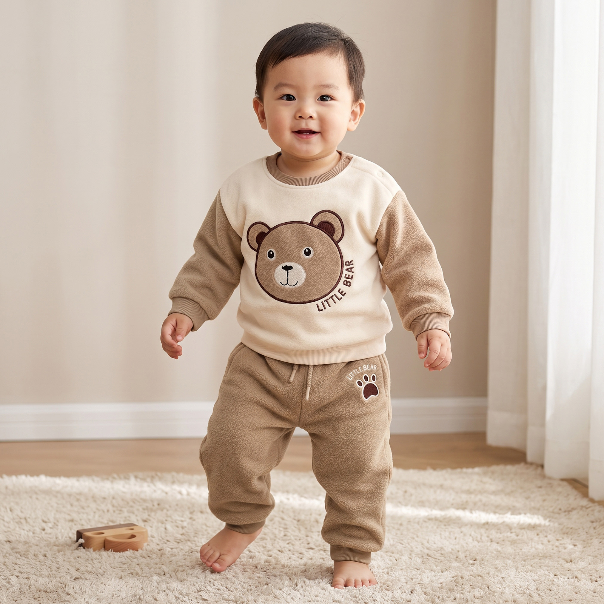 Juniors Cotton Crew Neck Long Sleeves Pyjama Set with Bear Applique-baby-boys-clothing-setsandcoords-image-1