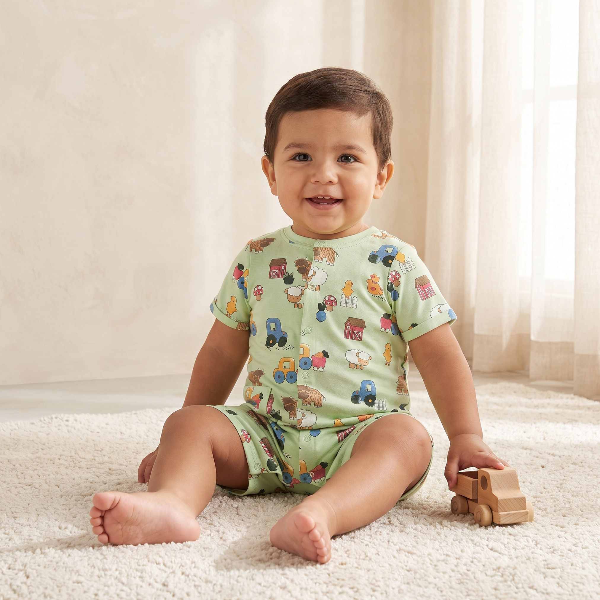 رومبر بياقة مستديرة وأكمام قصيرة بطبعة مزرعة من جونيورز - طقم من قطعتين-baby-boys-clothing-rompers-image-2