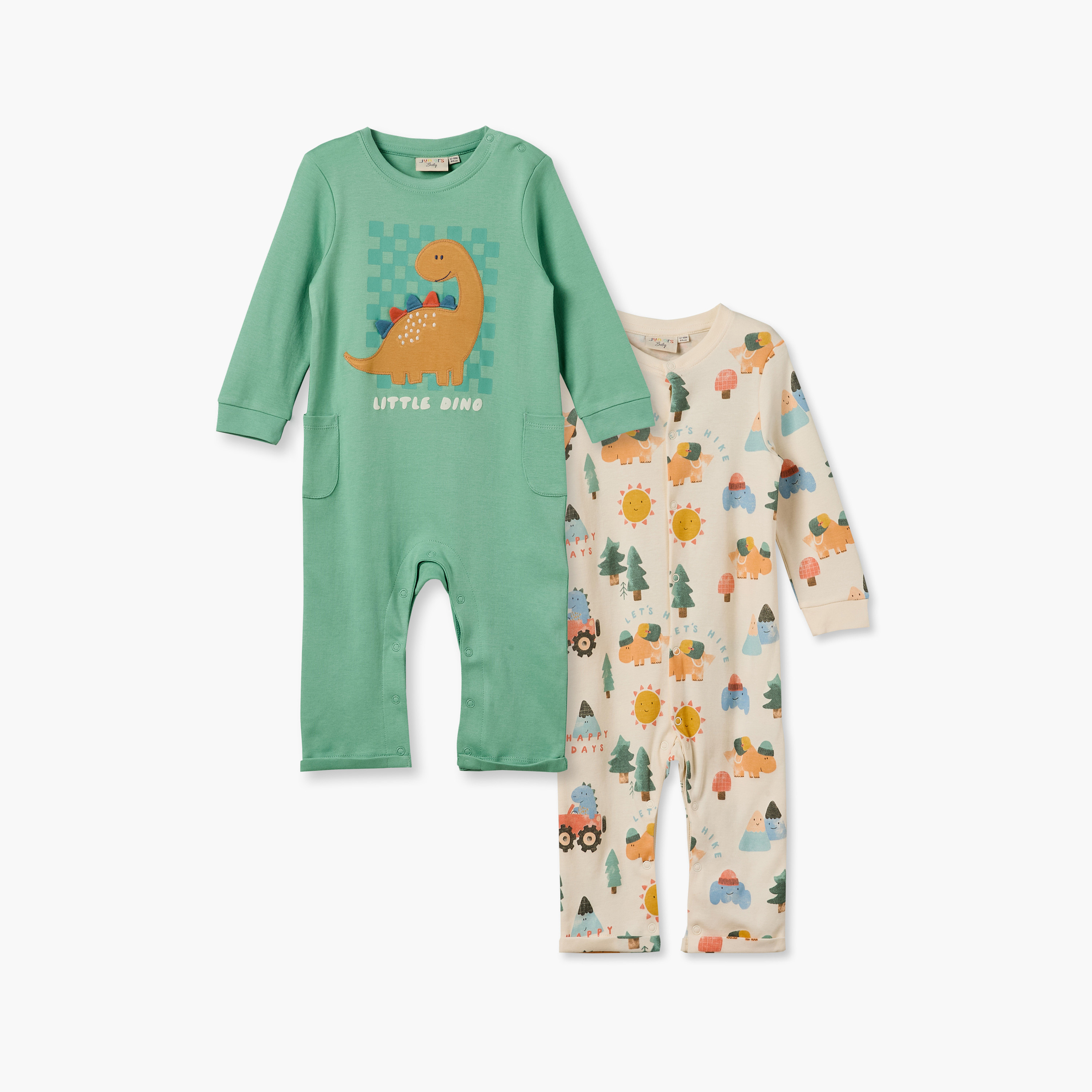رومبير بياقة مستديرة وأكمام طويلة وطبعات من جونيورز - عبوة من قطعتين-baby-boys-clothing-rompers-image-1