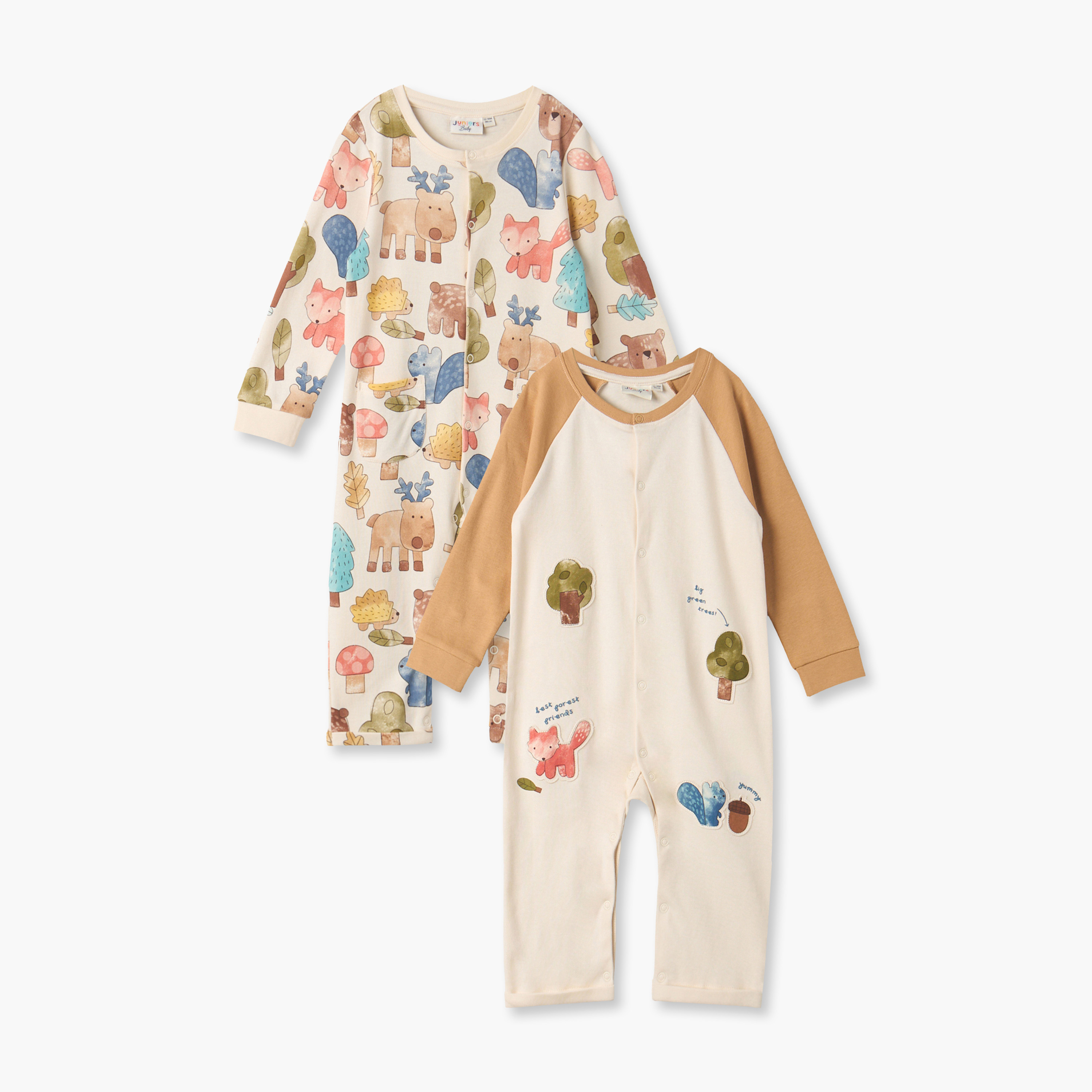 Pack of 2 Juniors Round Neck Long Sleeves Rompers with Dinosaur Print-baby-boys-clothing-rompers-image-1