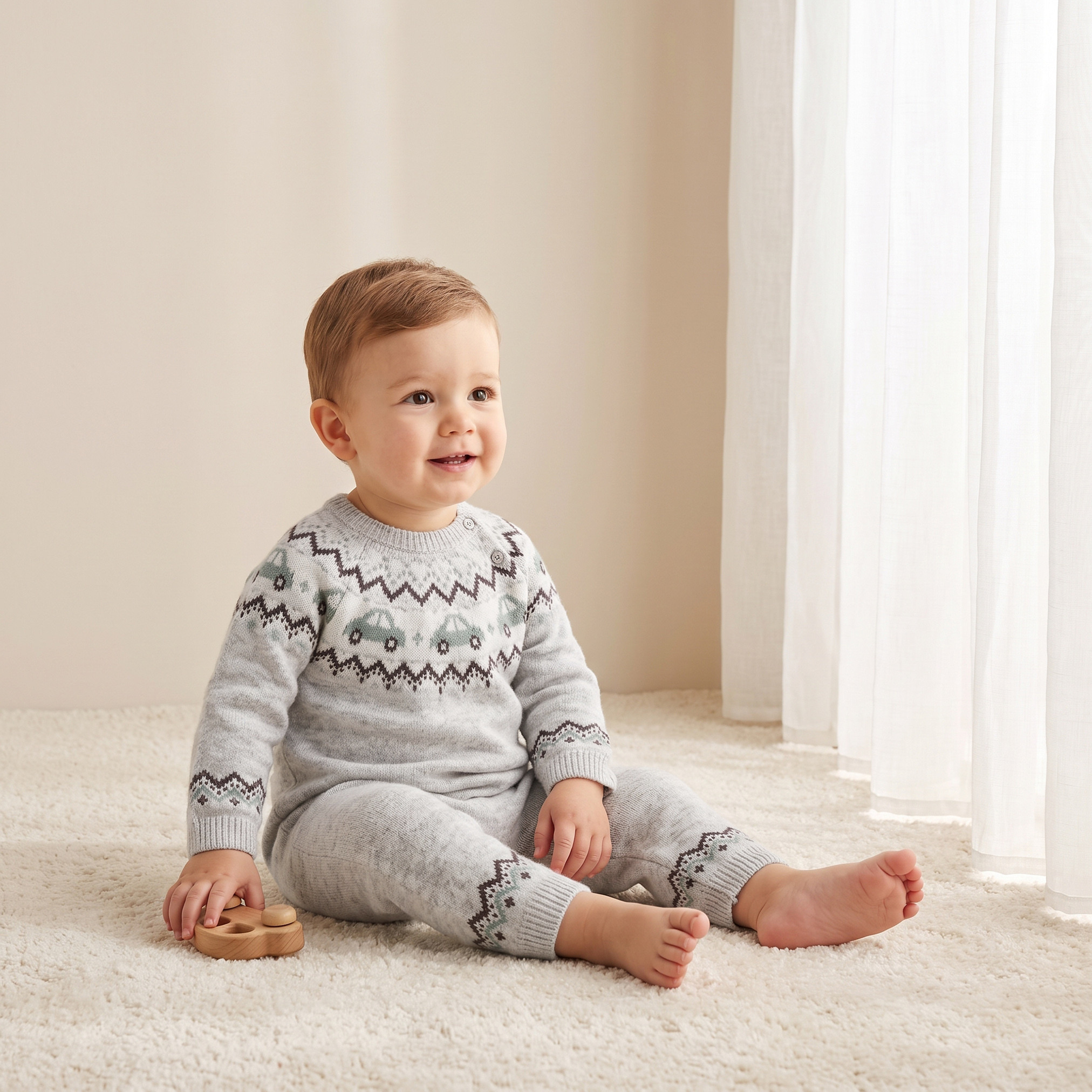 Juniors Crew Neck Long Sleeves Sleepsuit with Fair Isle Texture-baby-boys-clothing-rompers-image-1