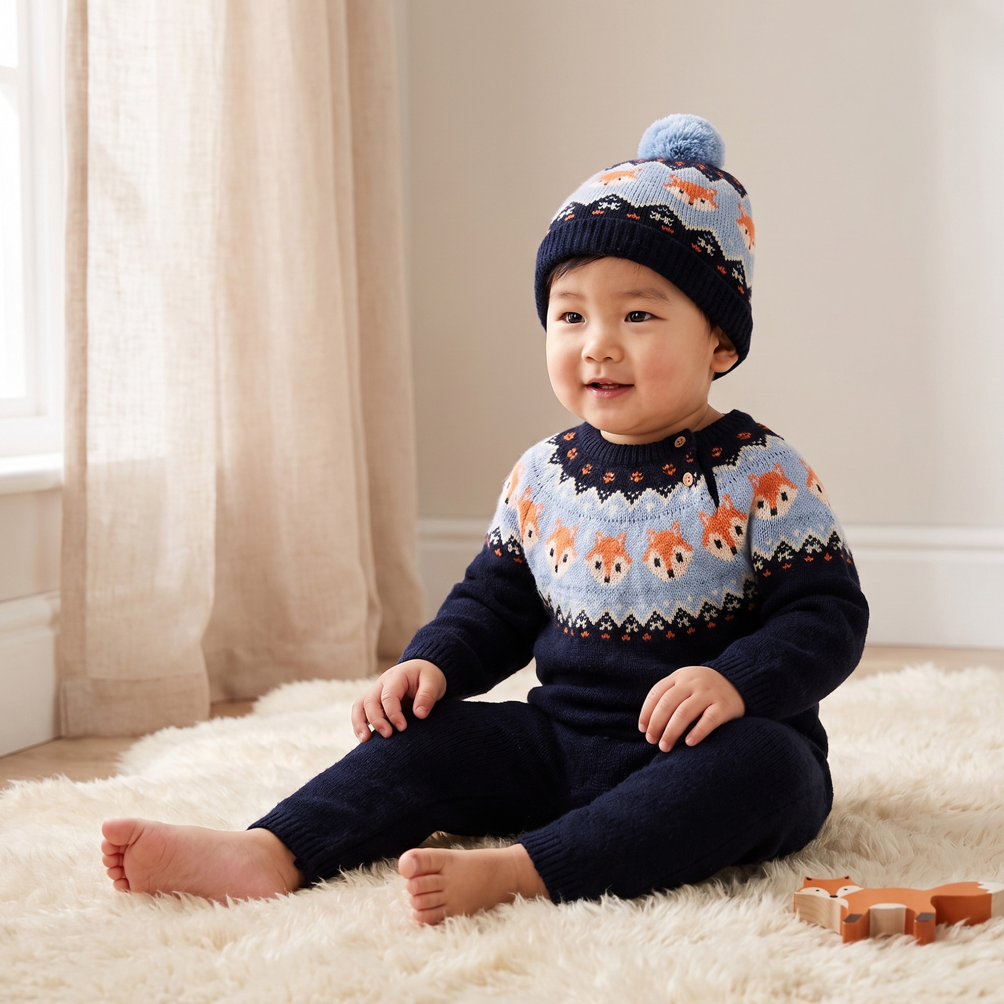 Juniors Crew Neck Long Sleeves Sleepsuit with Fair Isle Texture-baby-boys-clothing-rompers-image-1