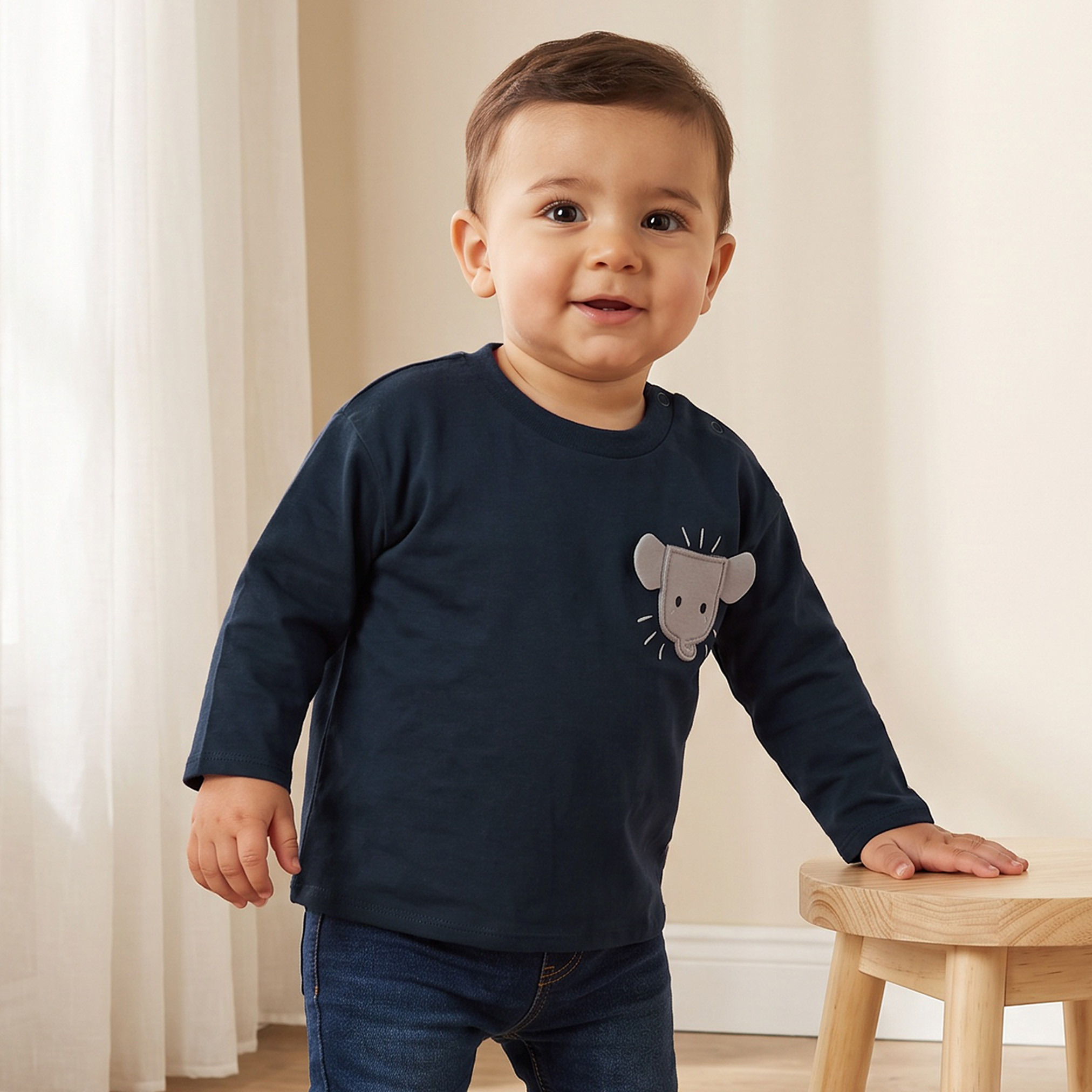 تيشيرت بأكمام طويلة وزخارف فيل من جونيورز-baby-boys-clothing-tshirtsandpolos-image-1