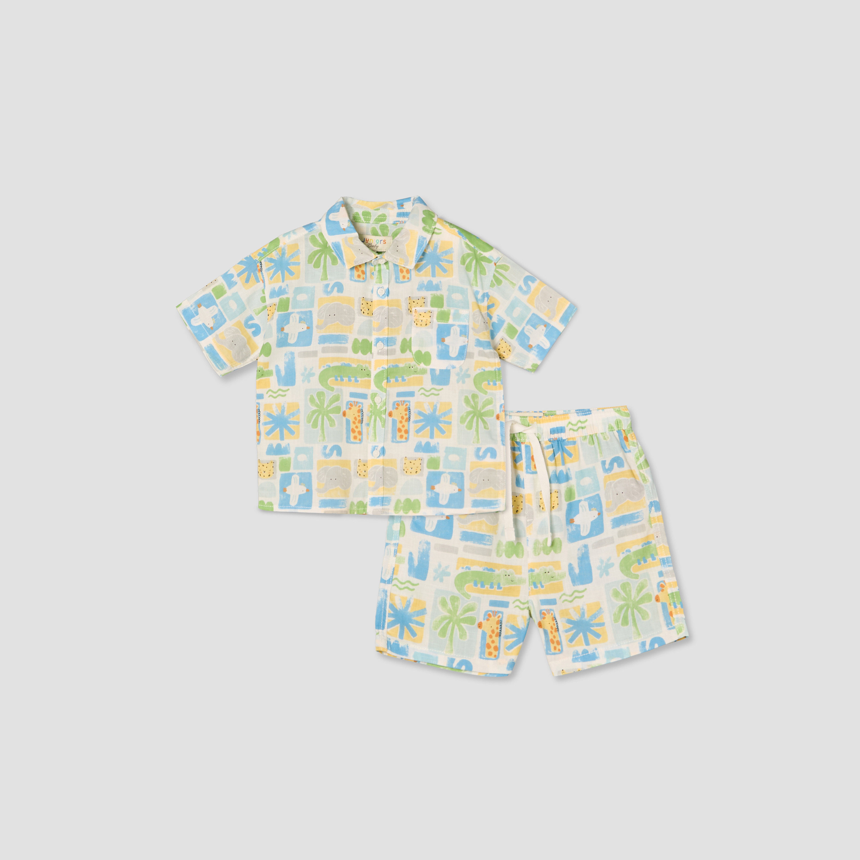 طقم قميص بياقة عادية وأكمام قصيرة مع شورت بطبعة سفاري من جونيورز-baby-boys-clothing-setsandcoords-image-1
