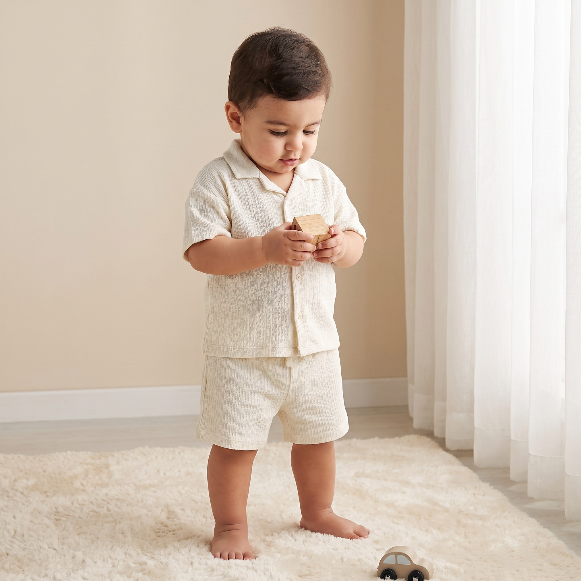 طقم شورت وقميص بارز الملمس بياقة عادية وأكمام قصيرة من جونيورز-baby-boys-clothing-setsandcoords-image-1
