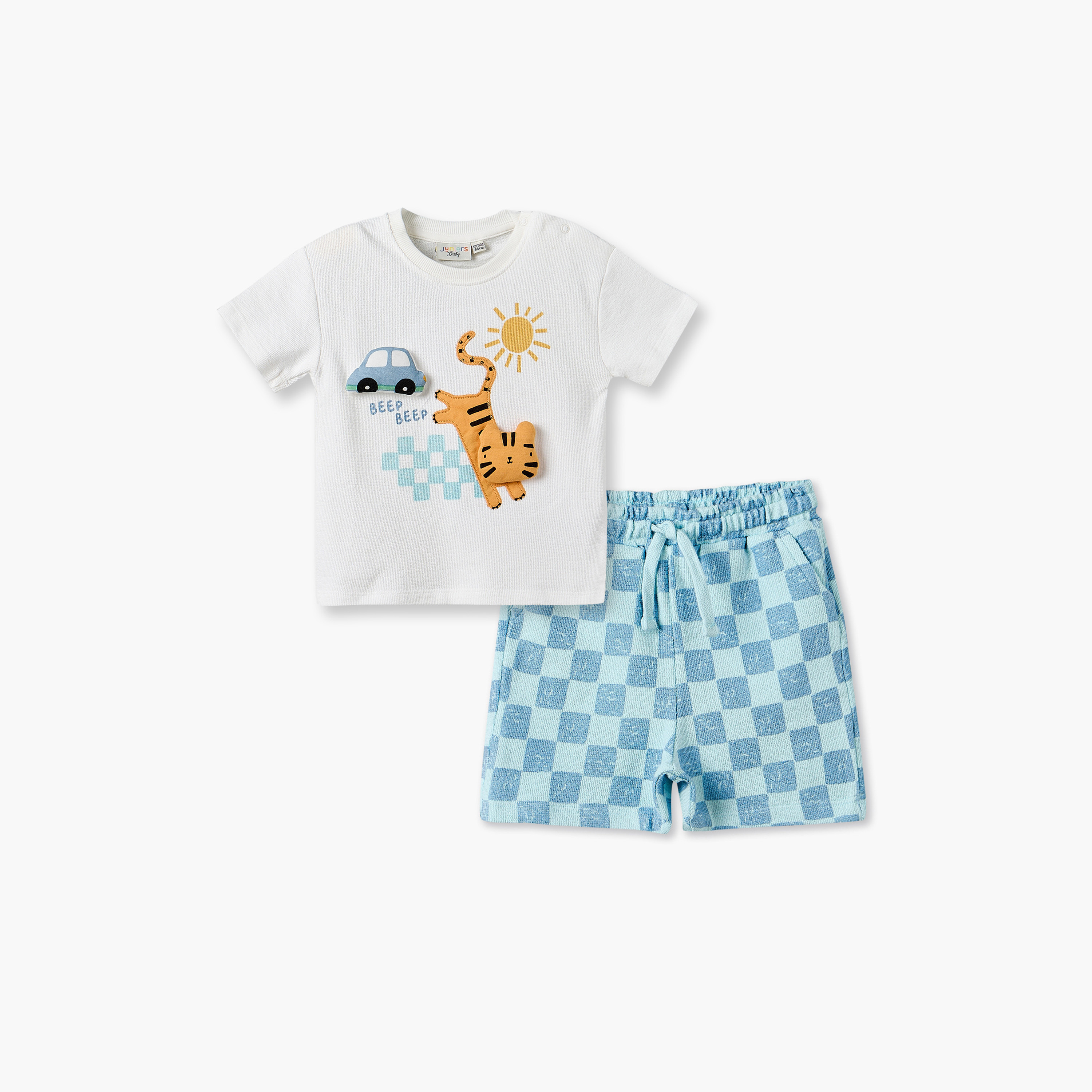 Juniors Round Neck Short Sleeves T-shirt and Shorts Set with Tiger Applique-baby-boys-clothing-setsandcoords-image-2