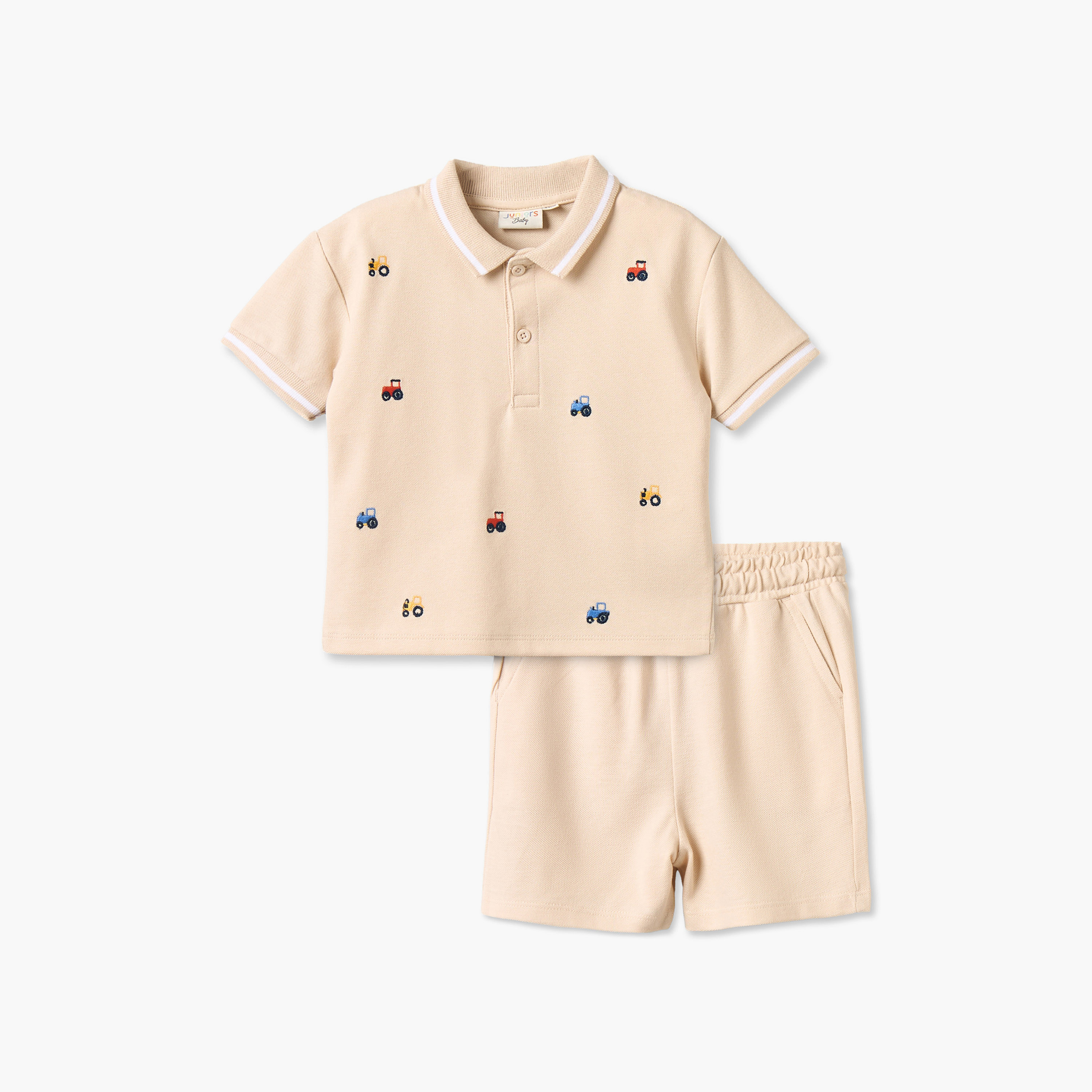 Juniors Collared Short Sleeves Polo T-shirt and Shorts Set with Tractor Embroidery-baby-boys-clothing-setsandcoords-image-1