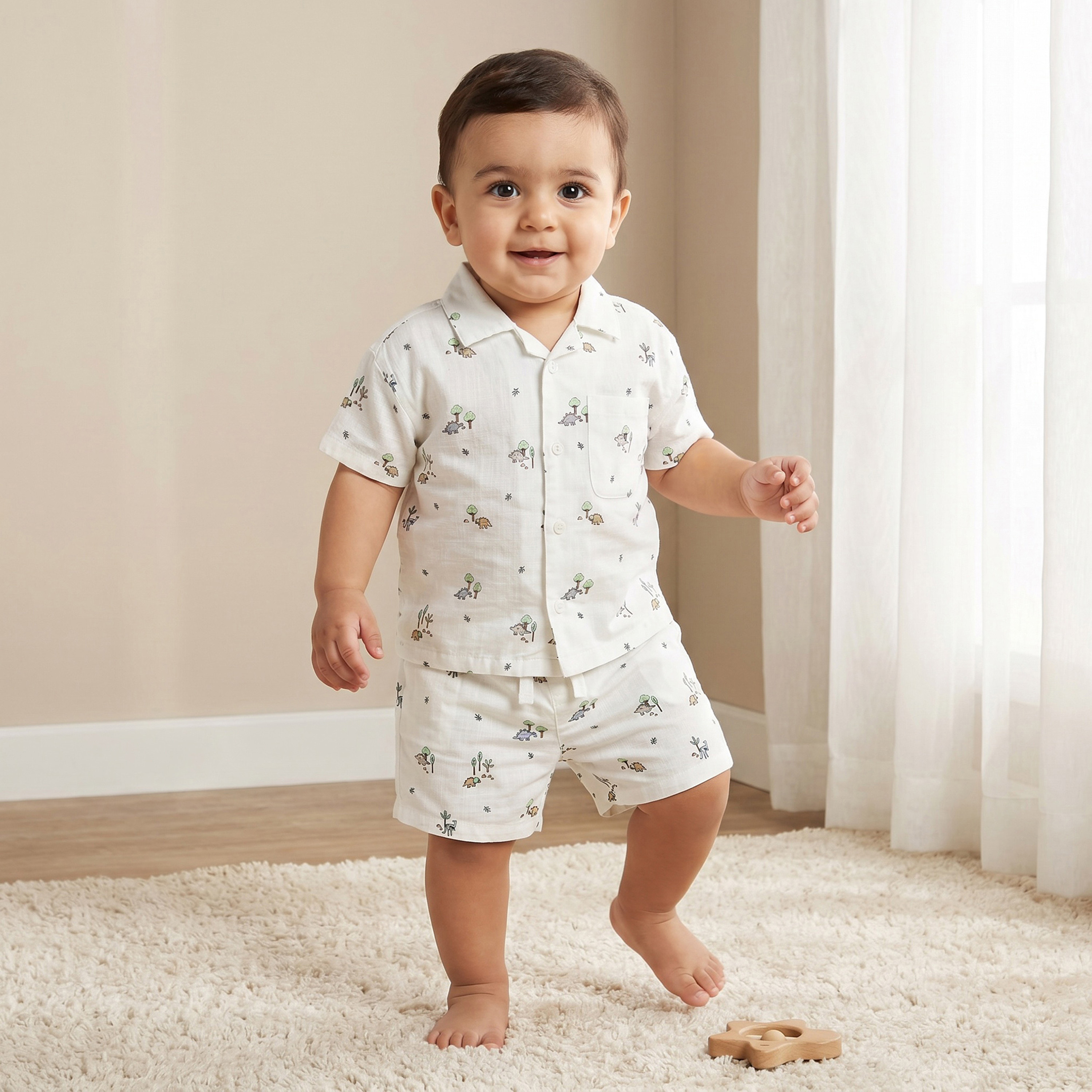 Juniors Collared Short Sleeves Shirt and Shorts Set with Dinosaur Print-baby-boys-clothing-setsandcoords-image-1