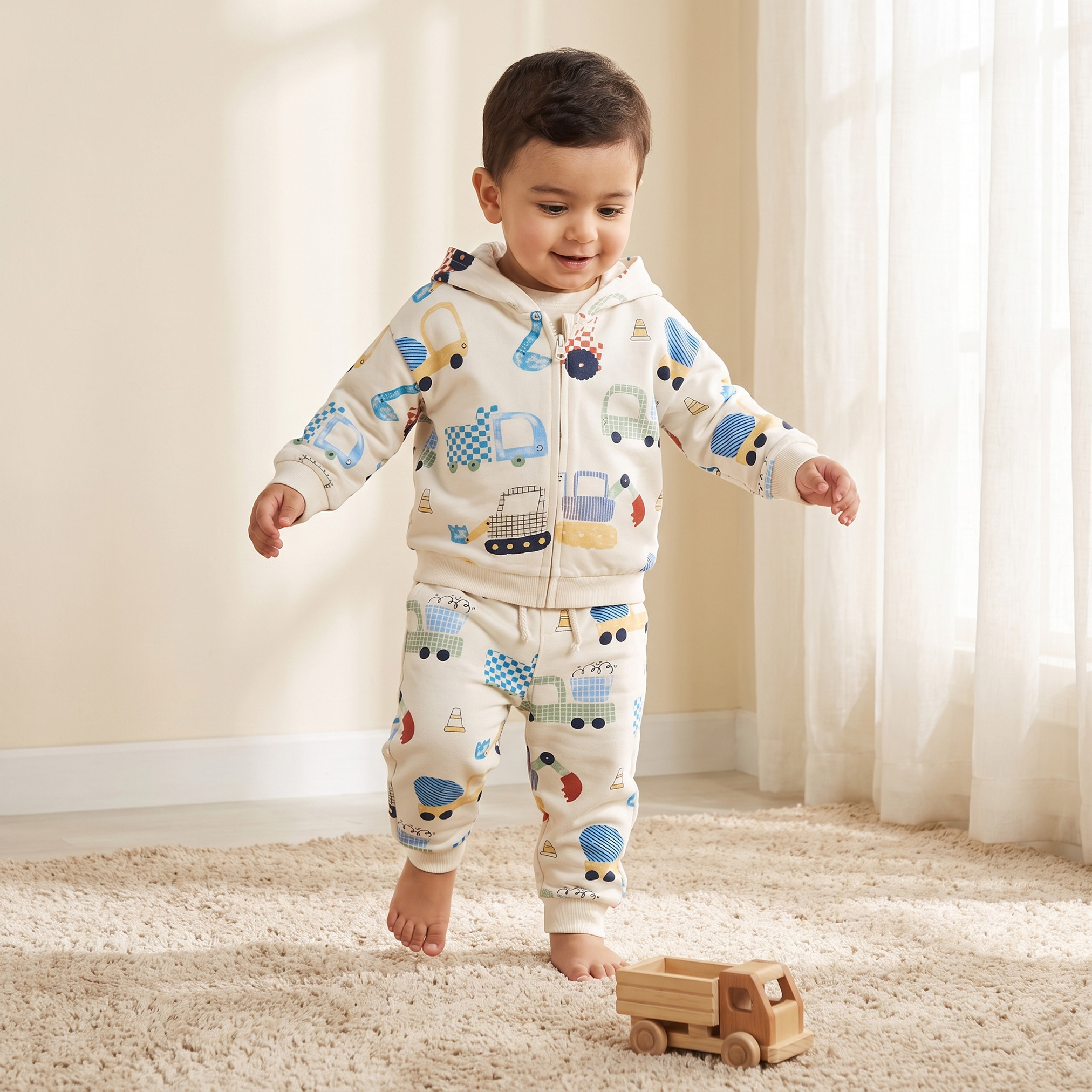 Juniors Hooded Long Sleeves Sweatshirt and Joggers Set with Vehicle Print-baby-boys-clothing-setsandcoords-image-1