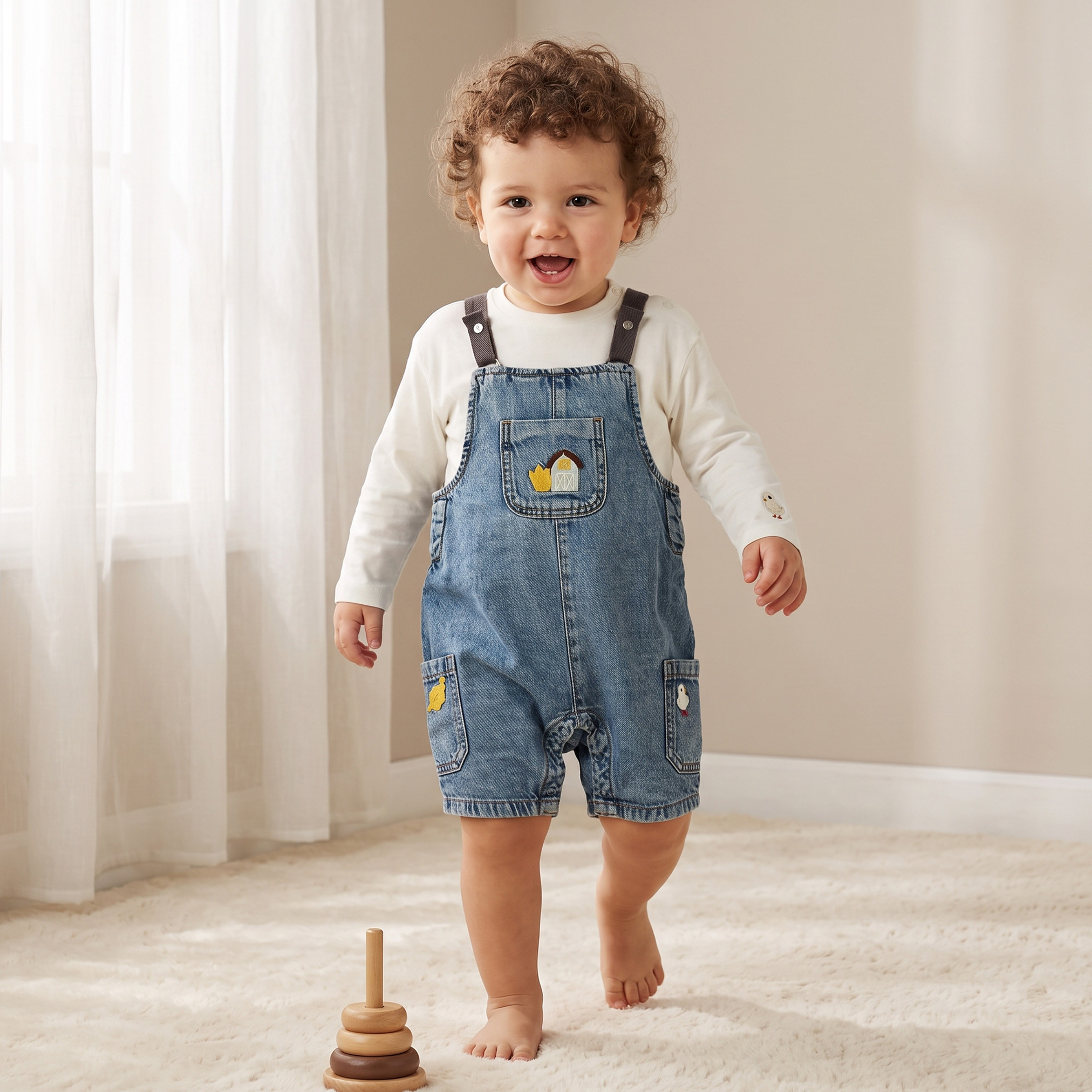 Juniors Crew Neck Long Sleeves T-shirt and Dungaree Set with Embroidery-baby-boys-clothing-setsandcoords-image-1