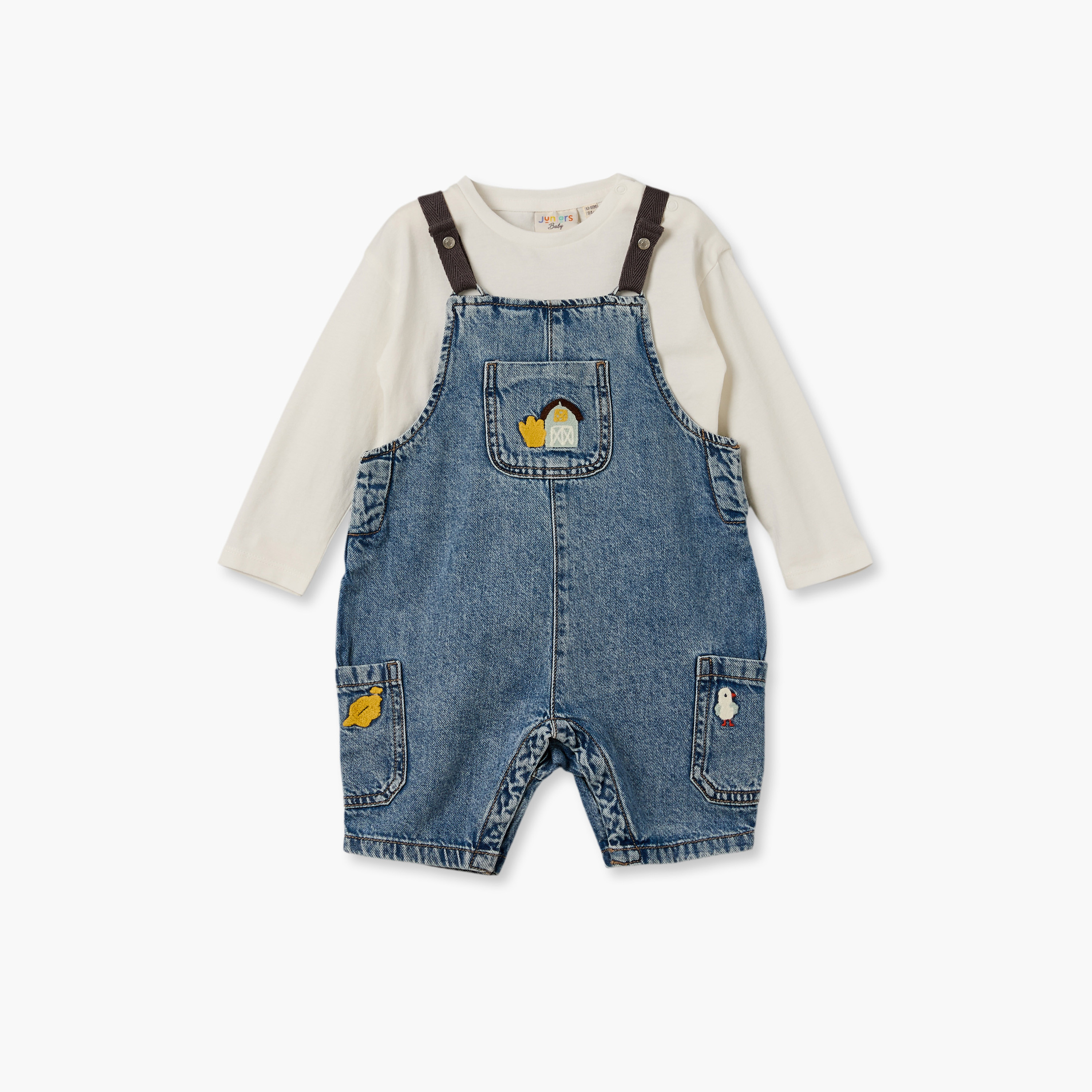 Juniors Crew Neck Long Sleeves T-shirt and Dungaree Set with Embroidery-baby-boys-clothing-setsandcoords-image-2