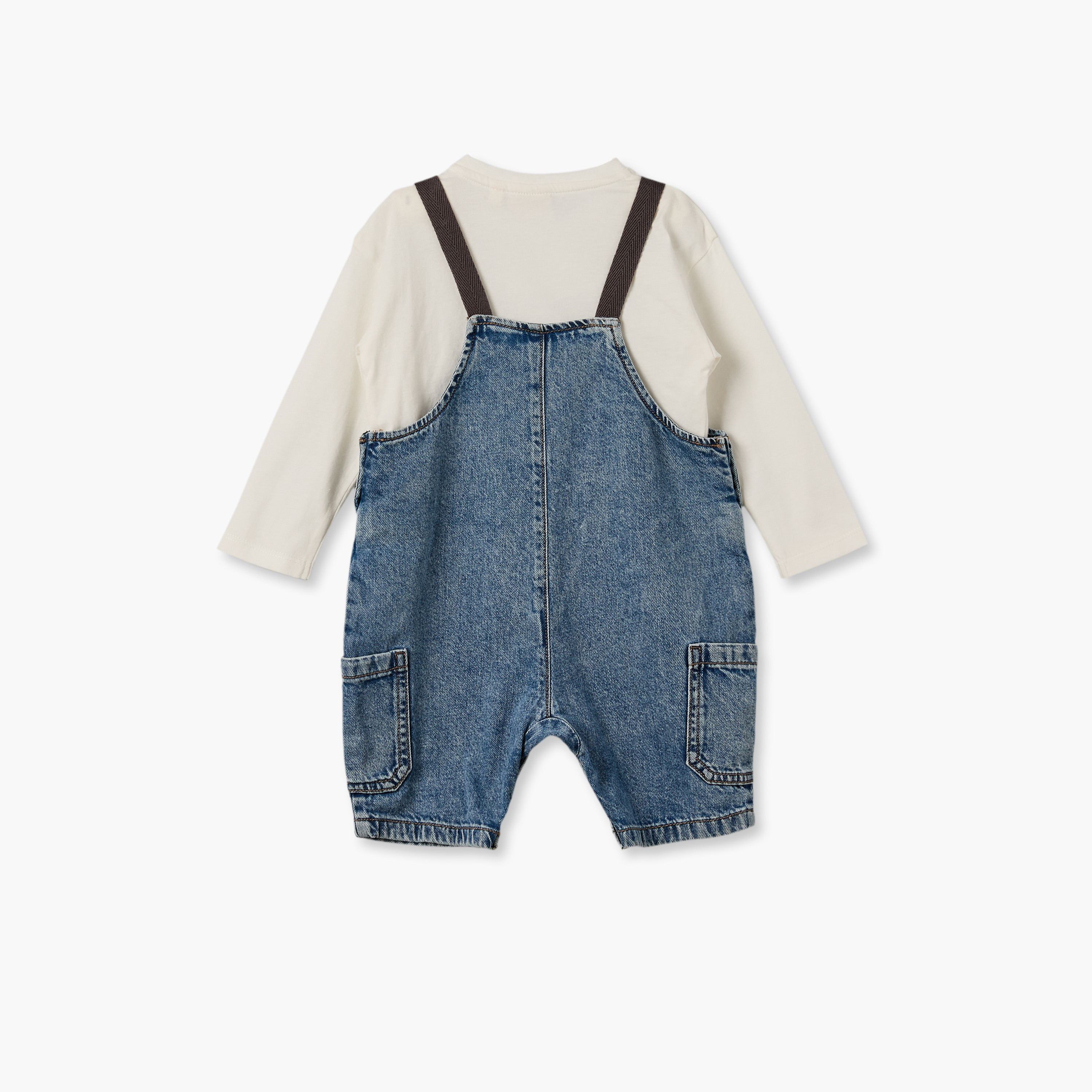 Juniors Crew Neck Long Sleeves T-shirt and Dungaree Set with Embroidery-baby-boys-clothing-setsandcoords-image-3