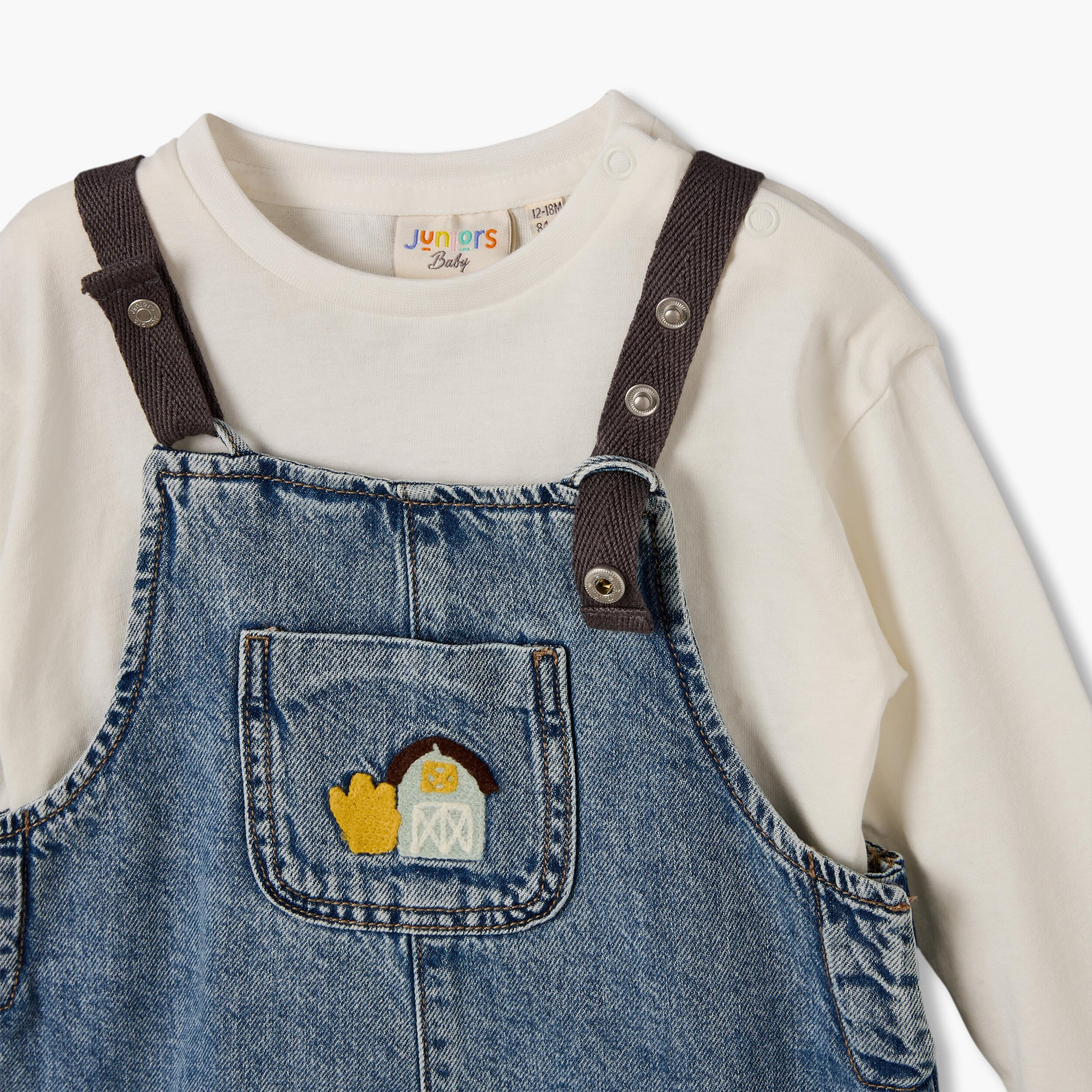 Juniors Crew Neck Long Sleeves T-shirt and Dungaree Set with Embroidery-baby-boys-clothing-setsandcoords-image-7