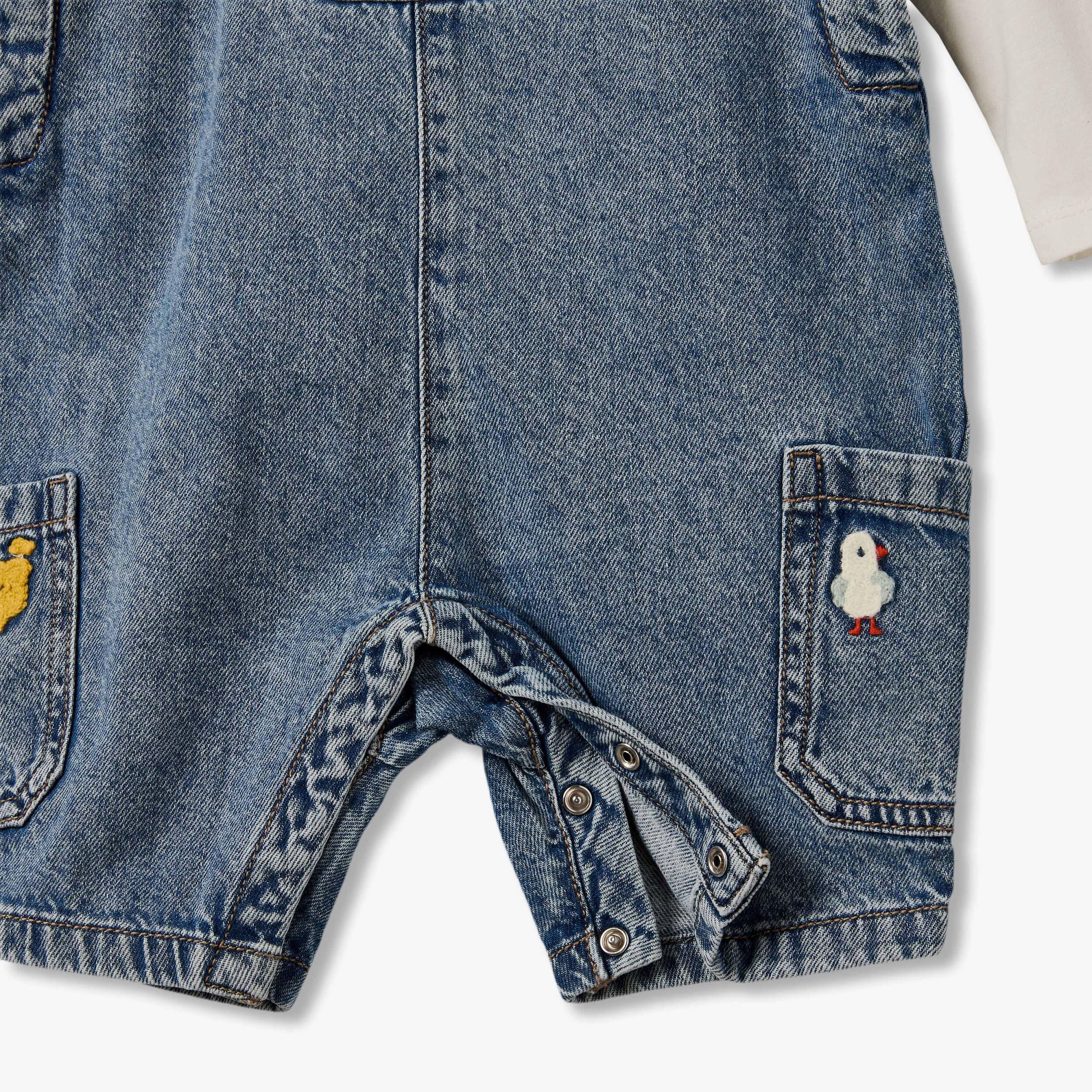 Juniors Crew Neck Long Sleeves T-shirt and Dungaree Set with Embroidery-baby-boys-clothing-setsandcoords-image-8