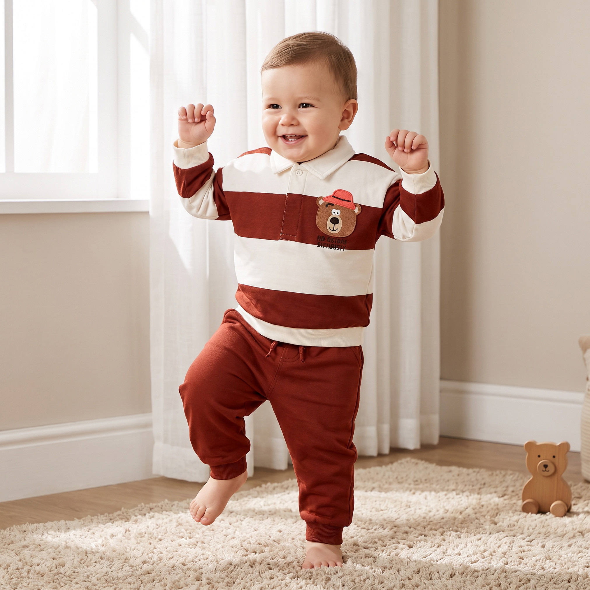 طقم بلوزة بأكمام طويلة وياقة بولو وبنطلون رياضي بخطوط من جونيورز-baby-boys-clothing-setsandcoords-image-1