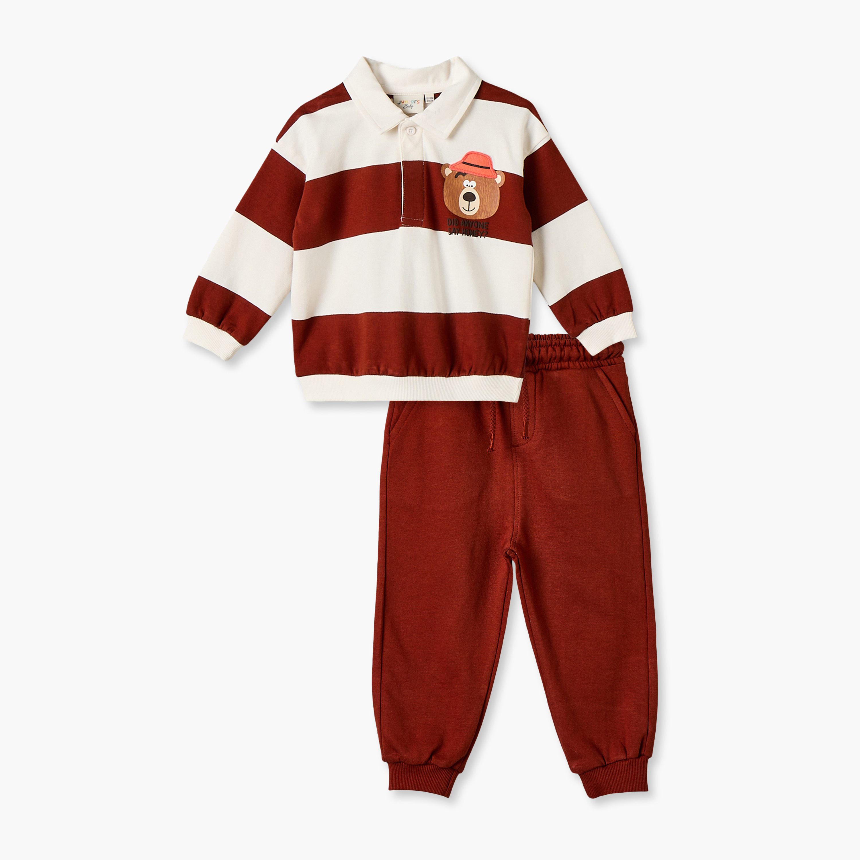 طقم بلوزة بأكمام طويلة وياقة بولو وبنطلون رياضي بخطوط من جونيورز-baby-boys-clothing-setsandcoords-image-2