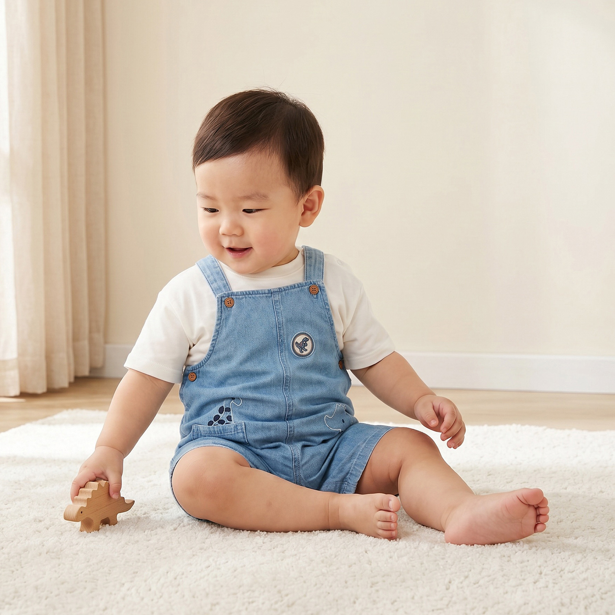 Juniors Round Neck Short Sleeves T-shirt and Dungaree Set with Dinosaur Embroidery-baby-boys-clothing-setsandcoords-image-1