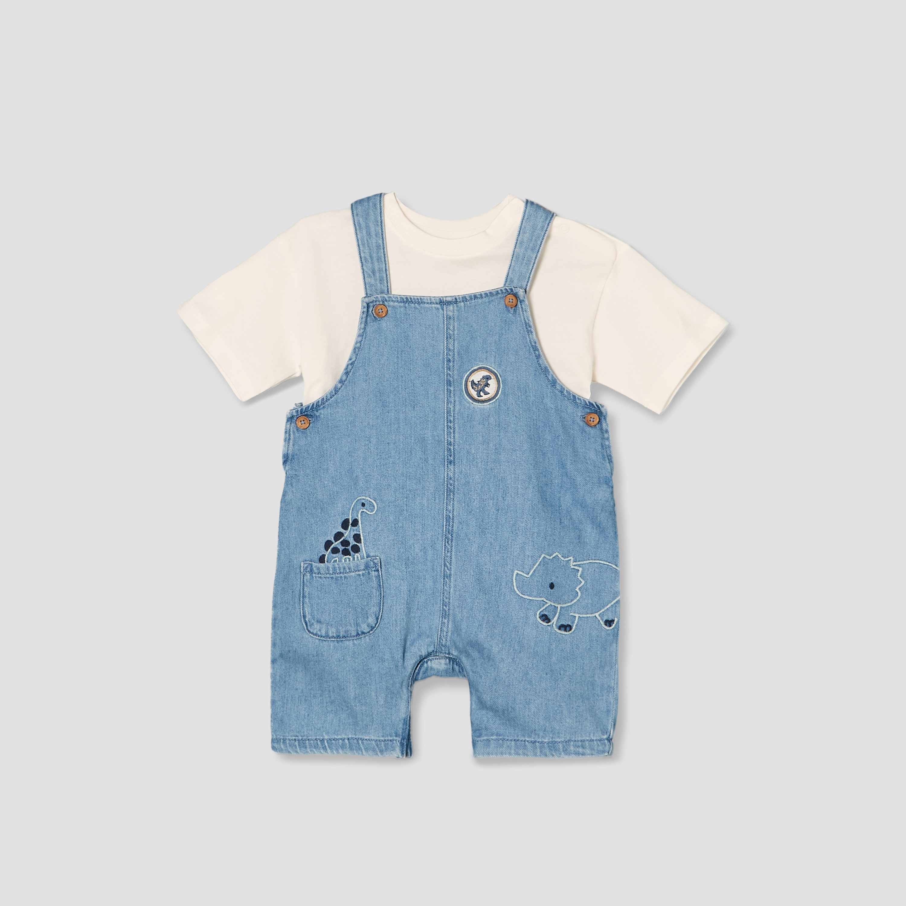 Juniors Round Neck Short Sleeves T-shirt and Dungaree Set with Dinosaur Embroidery-baby-boys-clothing-setsandcoords-image-2