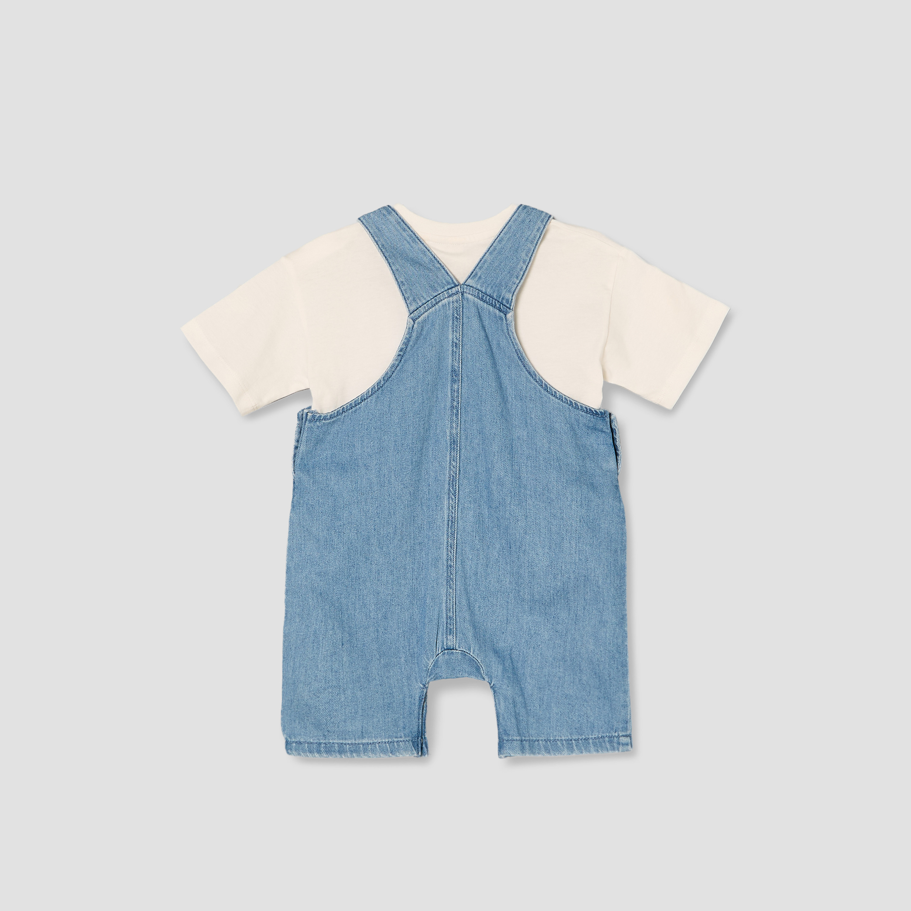 Juniors Round Neck Short Sleeves T-shirt and Dungaree Set with Dinosaur Embroidery-baby-boys-clothing-setsandcoords-image-3