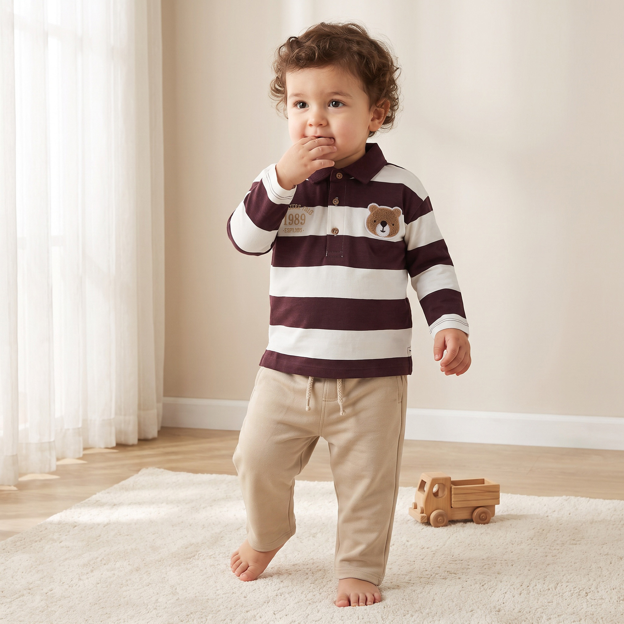 Juniors Collared Long Sleeves Polo T-shirt and Pants Set with Stripes-baby-boys-clothing-setsandcoords-image-1