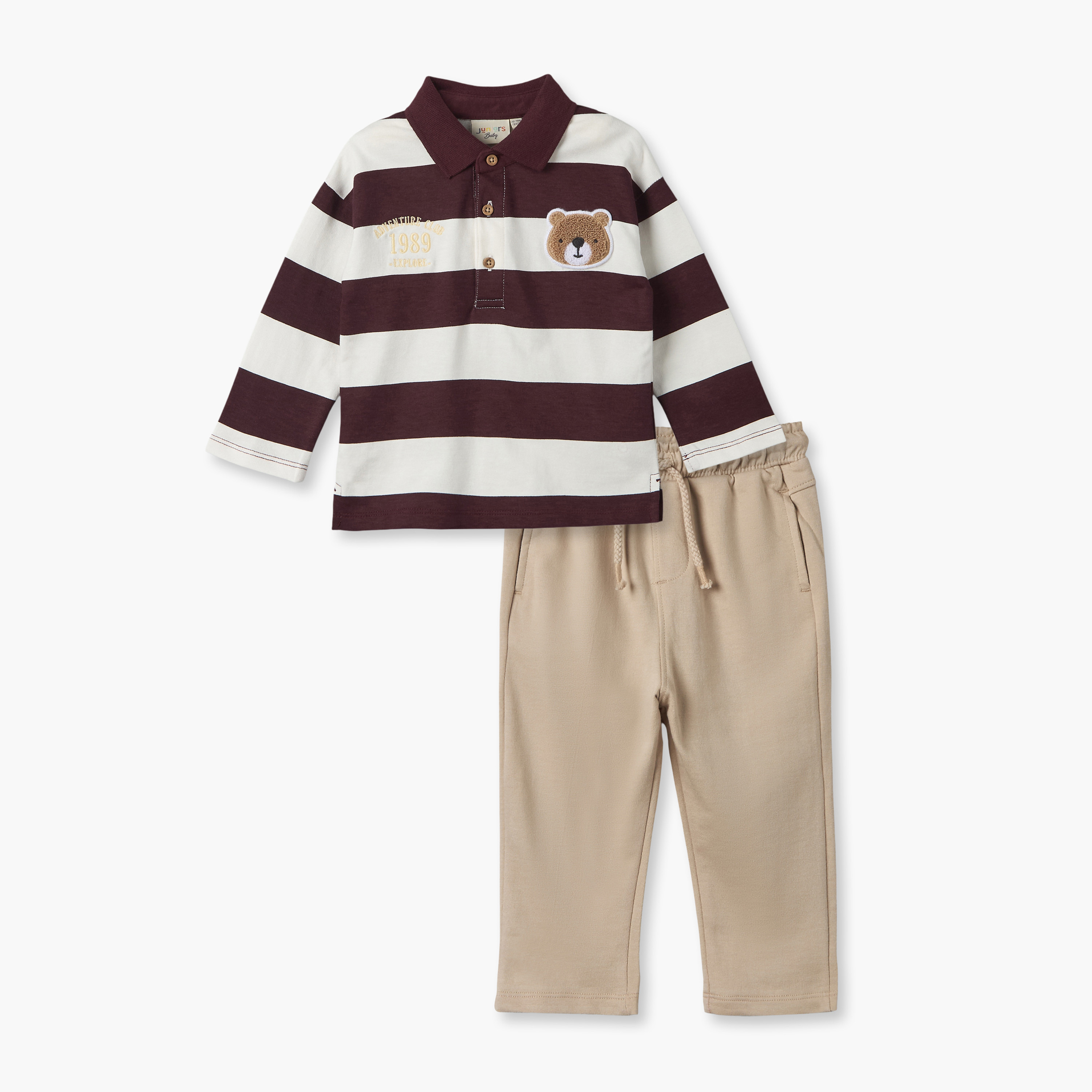 Juniors Collared Long Sleeves Polo T-shirt and Pants Set with Stripes-baby-boys-clothing-setsandcoords-image-2