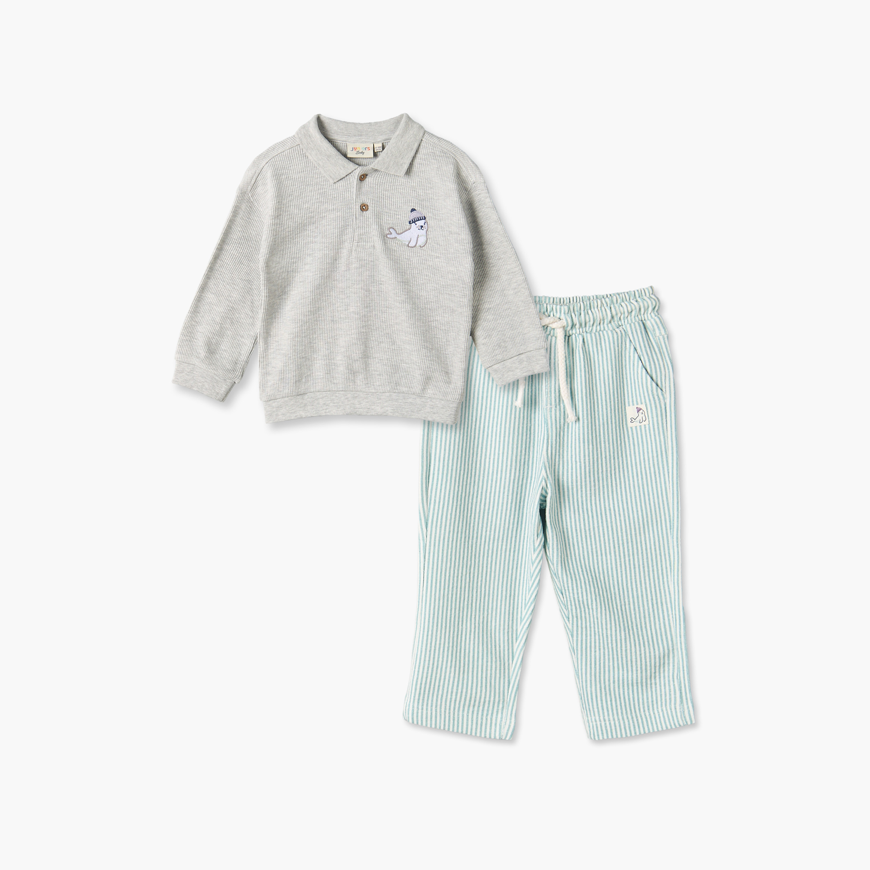 Juniors Collared Long Sleeves Sweatshirt and Pants Set with Seal Embroidery-baby-boys-clothing-setsandcoords-image-2
