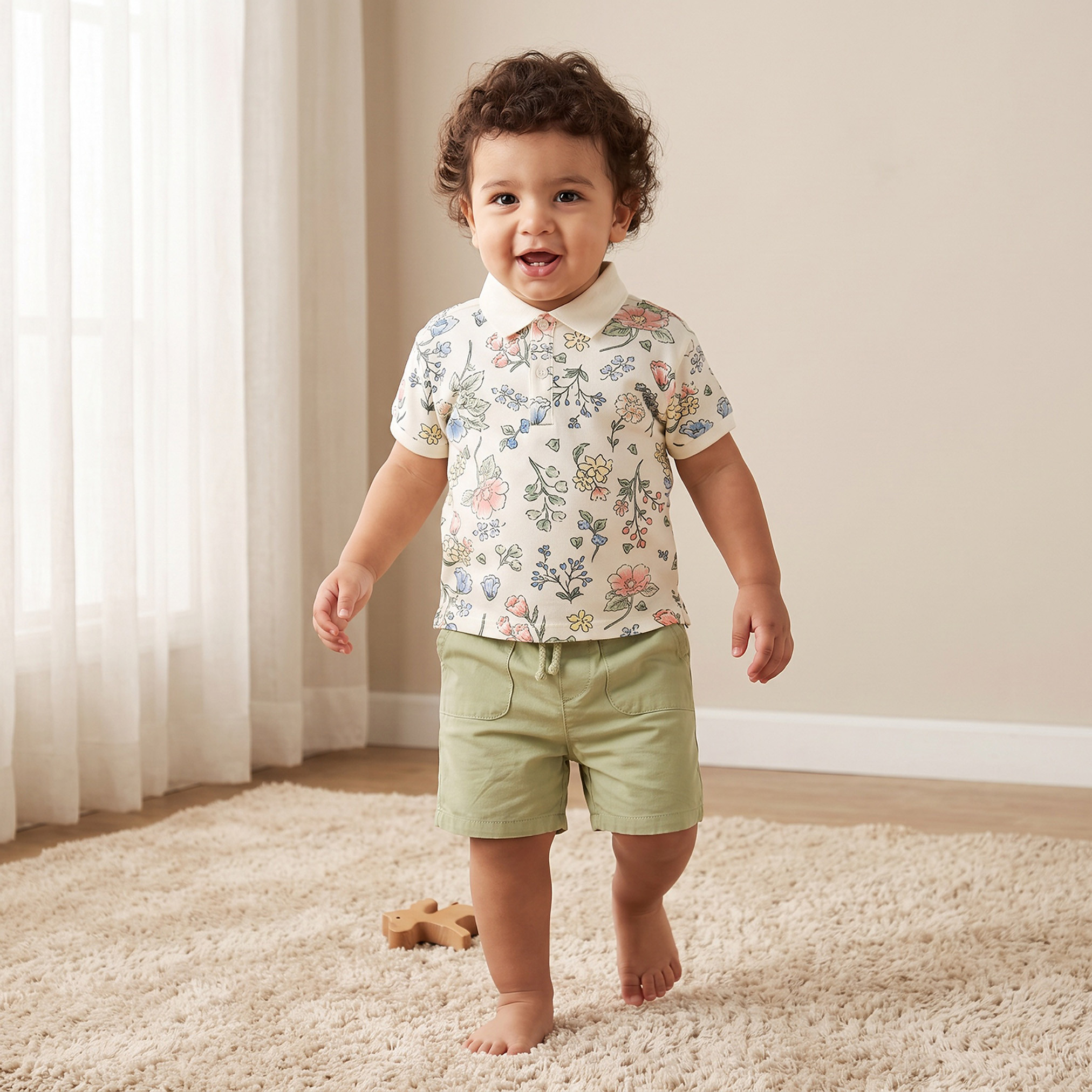 طقم تيشيرت بولو بأكمام قصيرة بياقة وبنطلون قصير بطبعات زهرية من جونيورز-baby-boys-clothing-setsandcoords-image-1