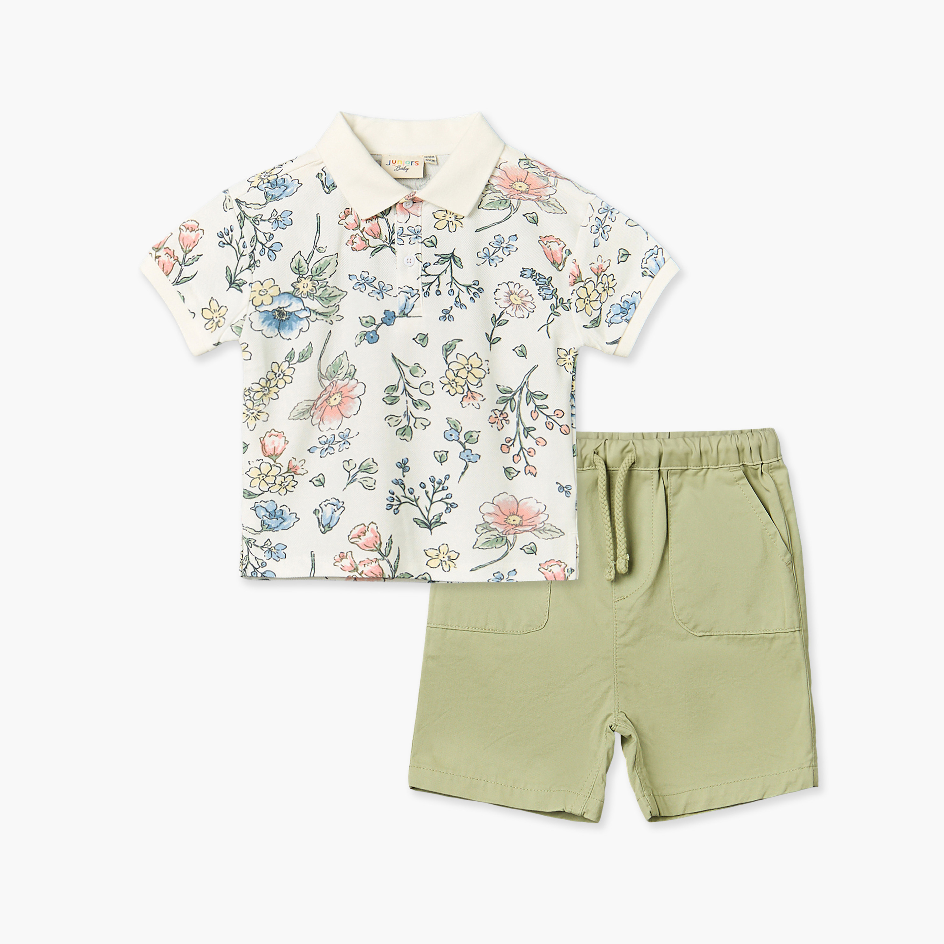 طقم تيشيرت بولو بأكمام قصيرة بياقة وبنطلون قصير بطبعات زهرية من جونيورز-baby-boys-clothing-setsandcoords-image-2