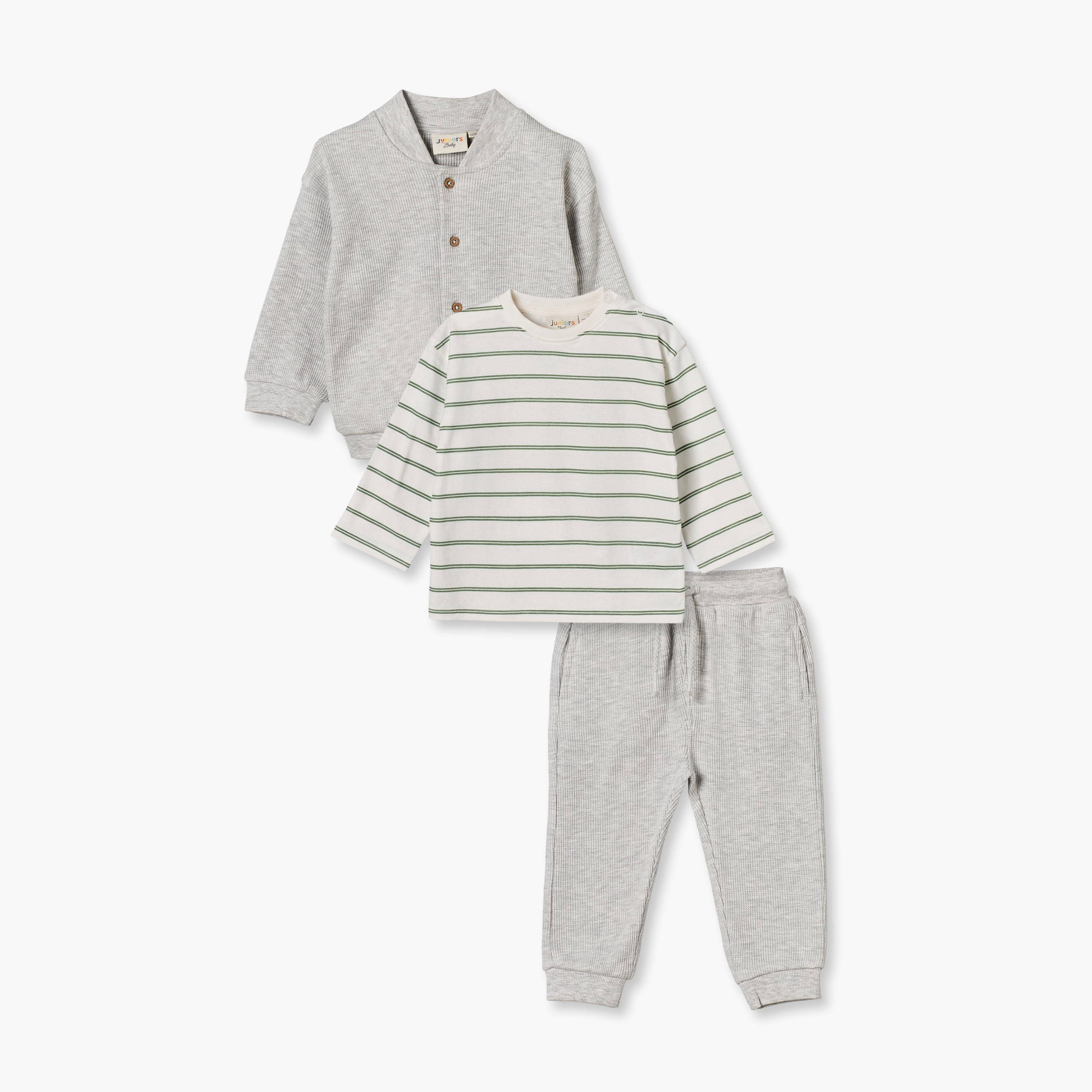 Set of 3 Juniors Round Neck Long Sleeves Jacket, T-shirt and Joggers Set with Textured Design-baby-boys-clothing-setsandcoords-image-1