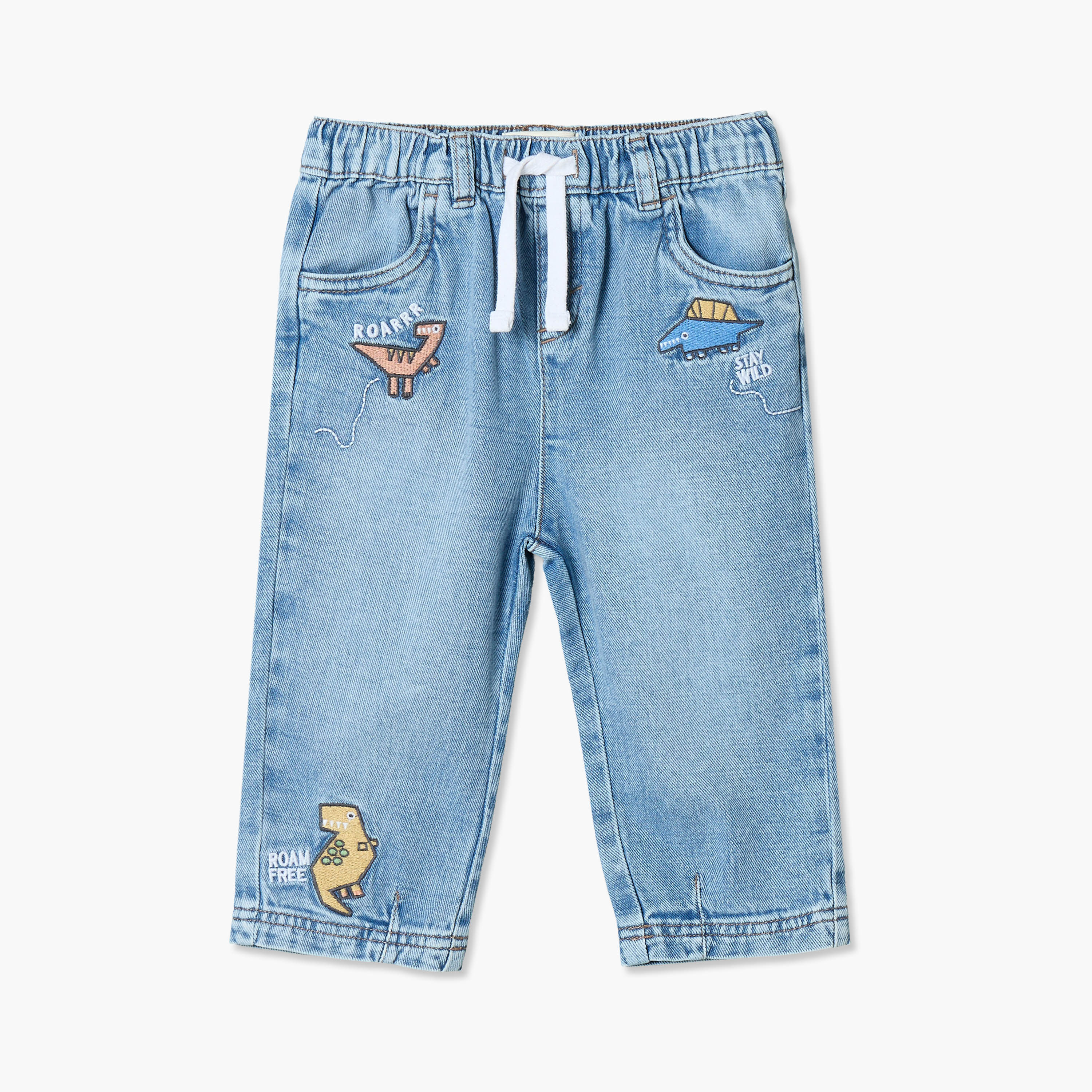 Juniors Jeans with Dinosaur Embroidery, Drawstring Waist-baby-boys-clothing-bottoms-jeans-image-1