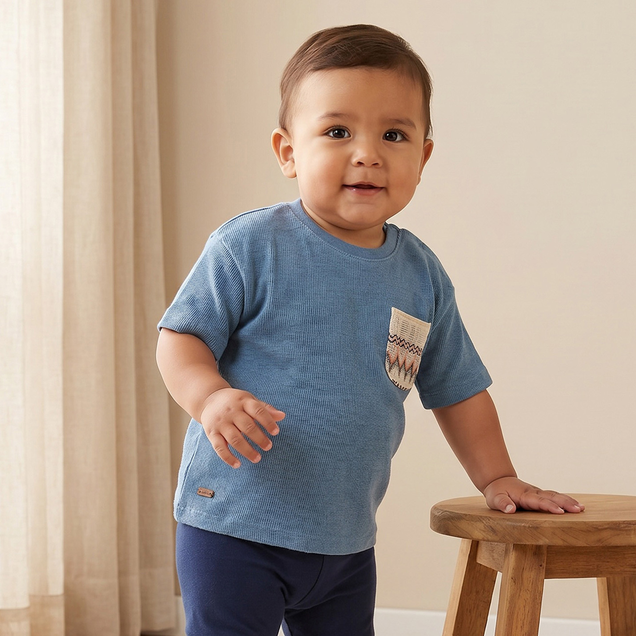Giggles Round Neck Short Sleeves T-shirt with Embroidered Pocket-baby-boys-clothing-tshirtsandpolos-image-1