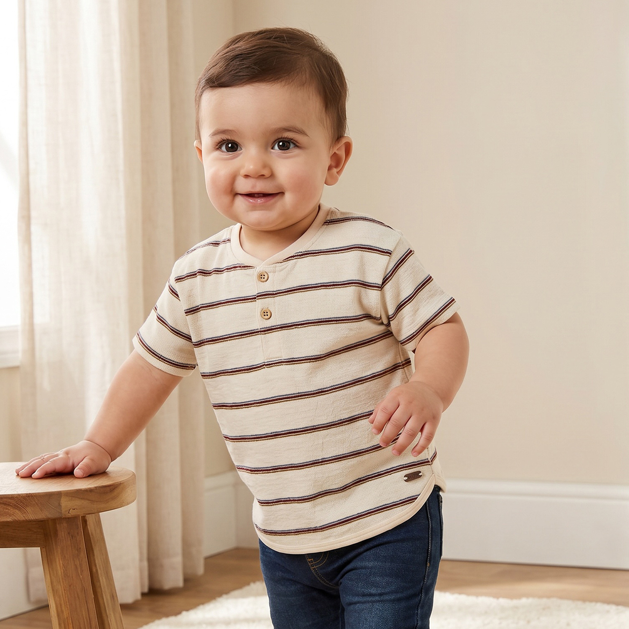 Giggles Henley Neck Short Sleeves T-shirt with Striped Design-baby-boys-clothing-tshirtsandpolos-image-1